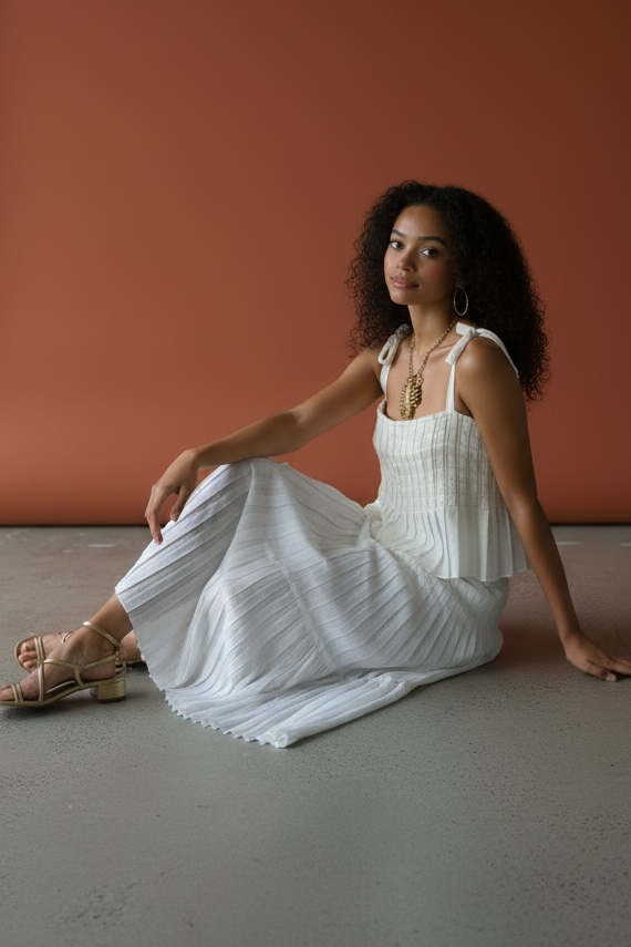 70s White Gauze Pleated Skirt Set