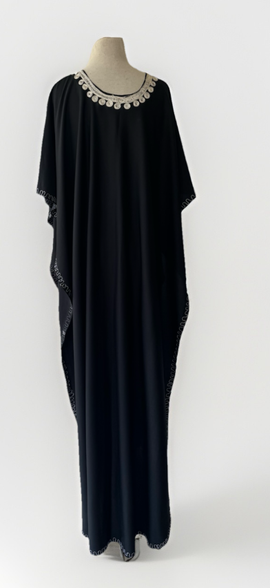 70s Black Embroidered Caftan Poncho OS Maxi Top Cover Up