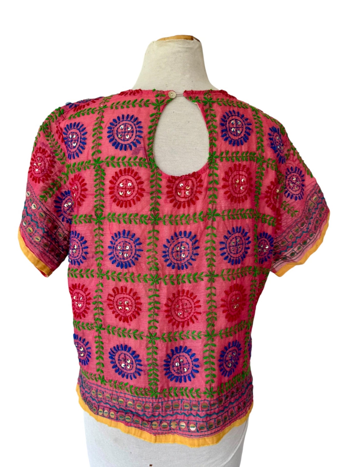 Kutch Embroidered Mirror Work Pink Multi Tunic Gujarat India Keyhole