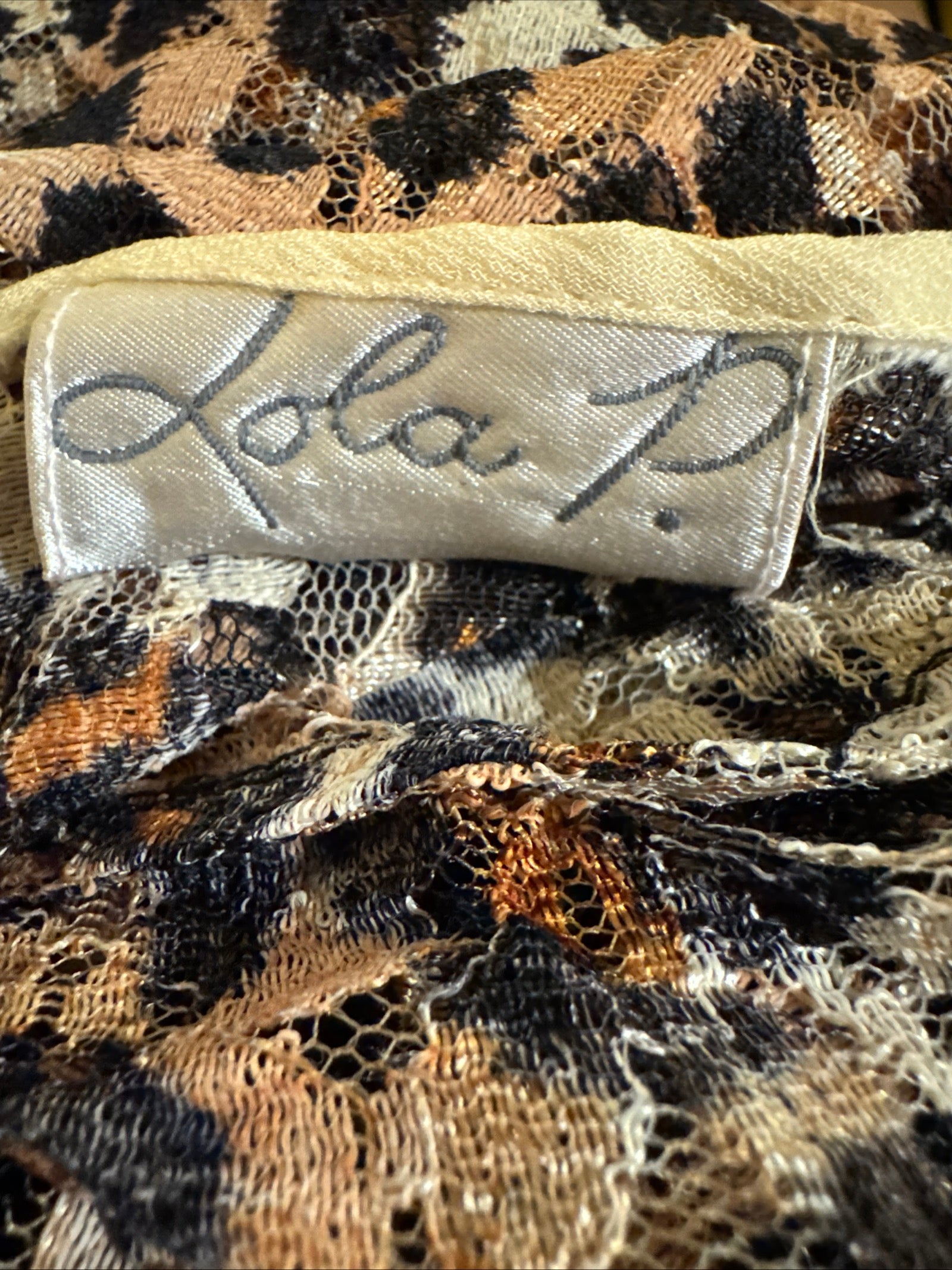 90s LOLA P Leopard Floral Lace Sheer Maxi Dress Y2k