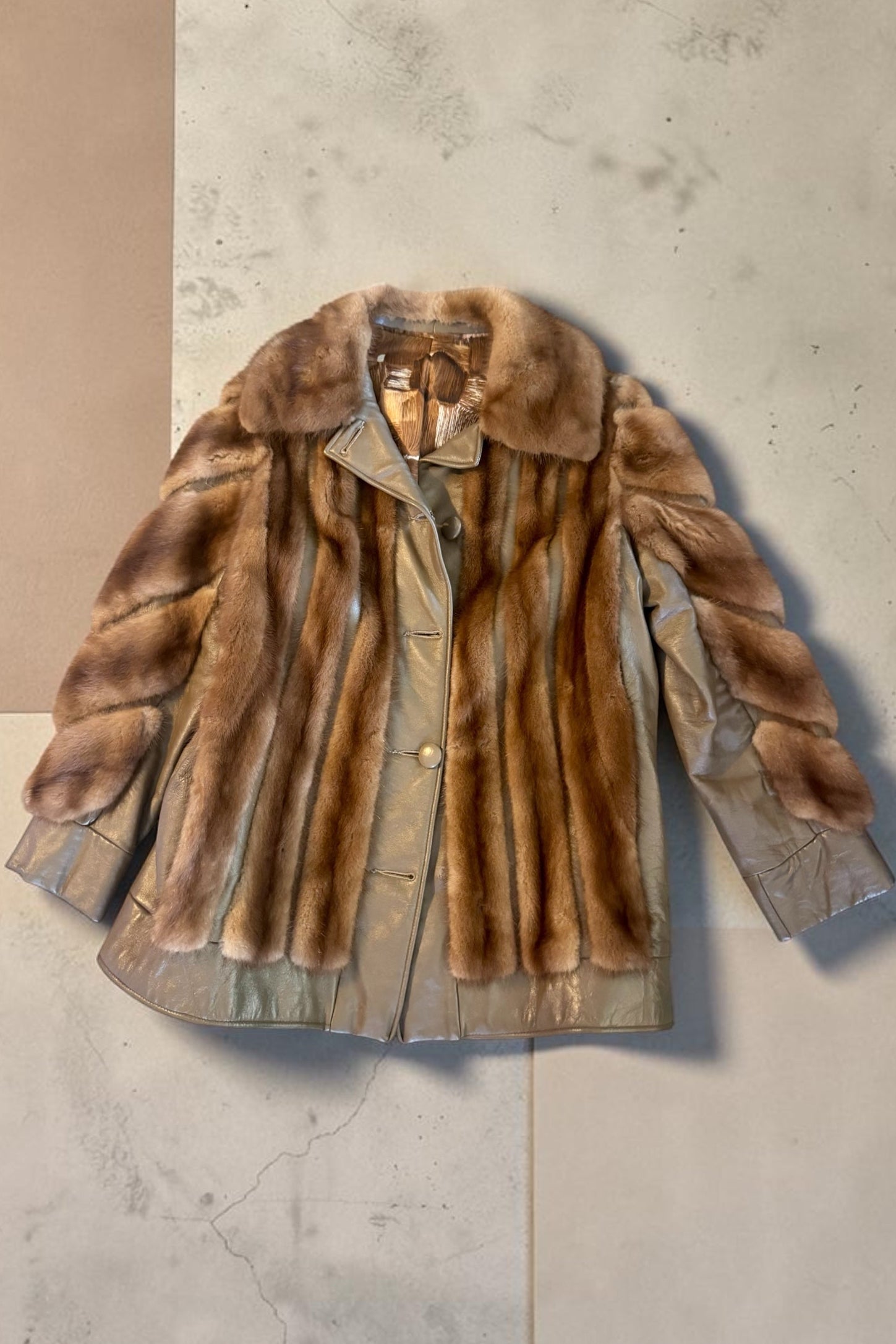 70s Mink Fur & Leather Chevron Patchwork Coat Brown Jacket