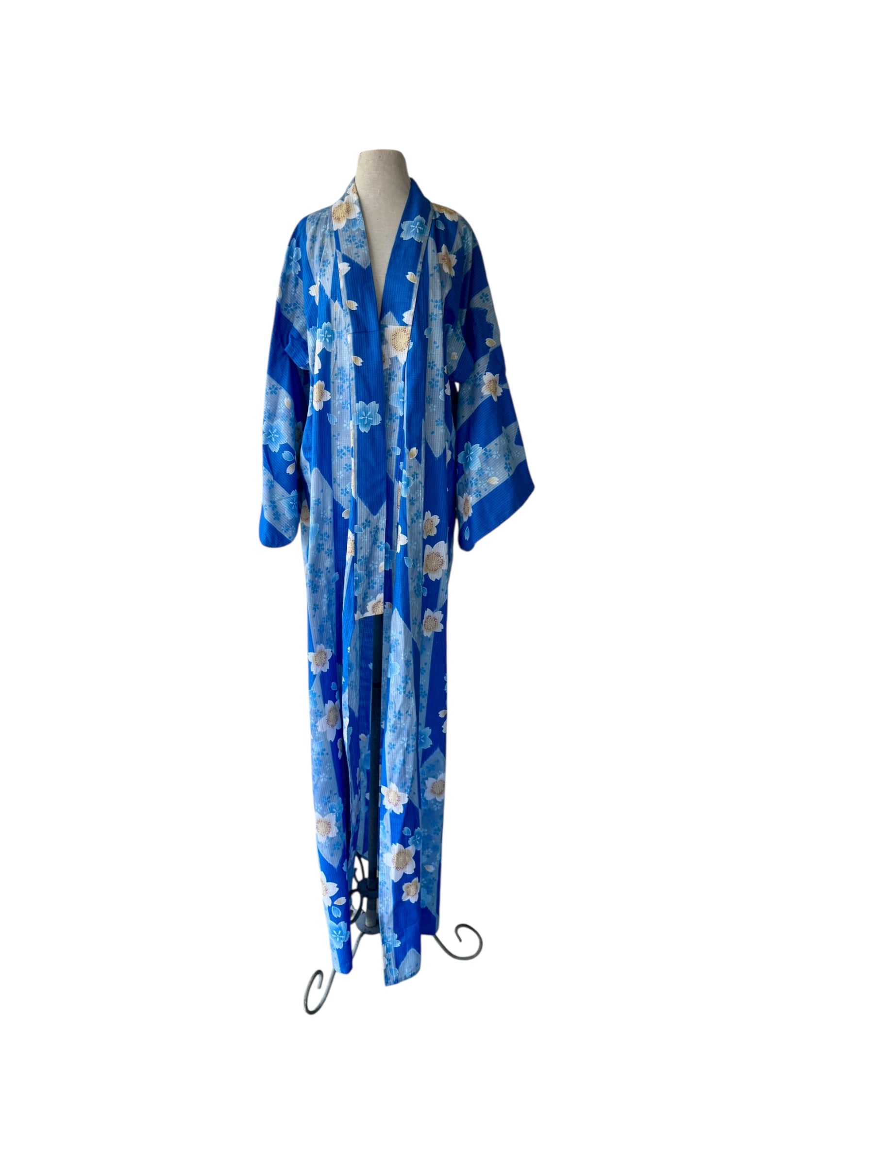 70s Cherry Blossom Kimono Robe Blue Floral Yukata