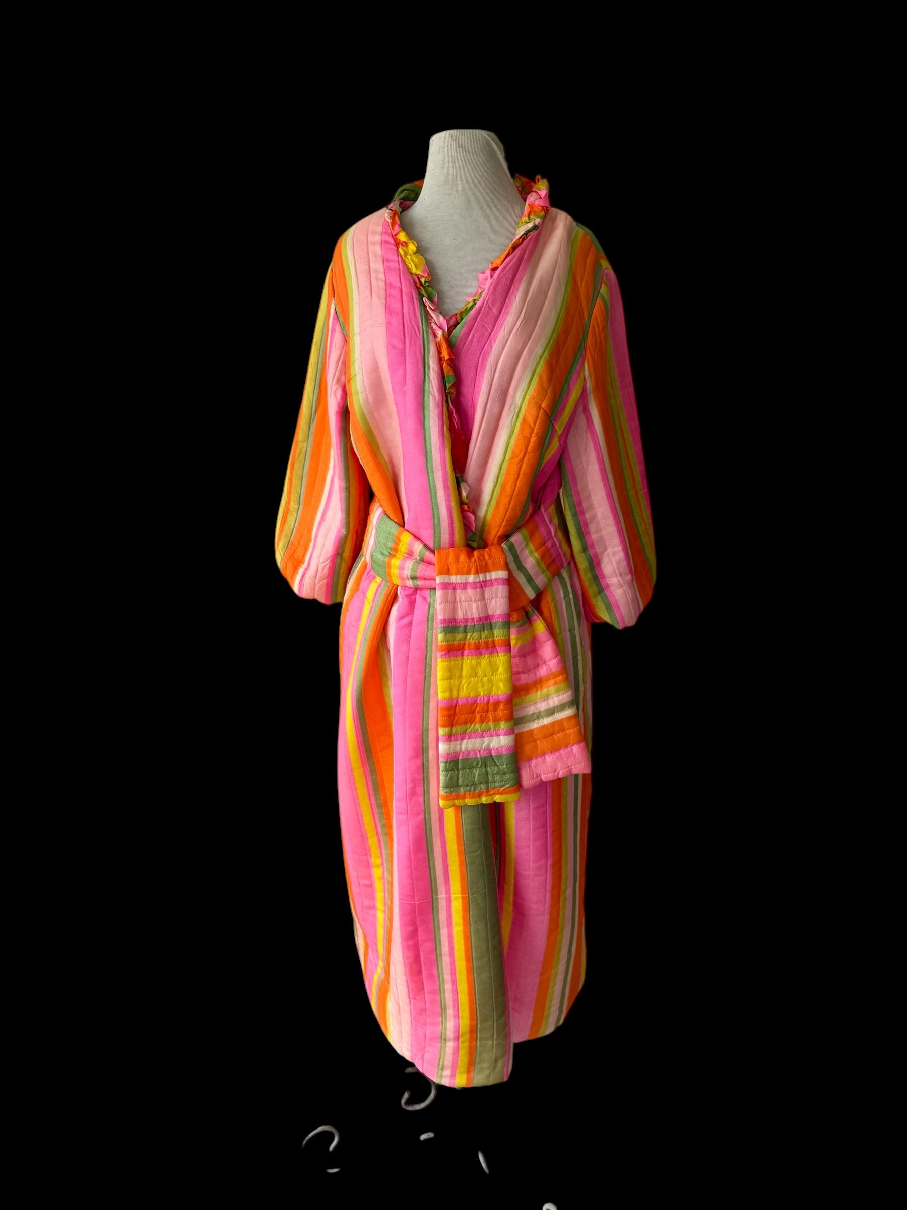 60s Jettecette Pink Stripe Quilted Robe Duster 70s