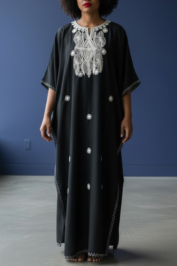 70s Black Embroidered Caftan Poncho OS Maxi Top Cover Up