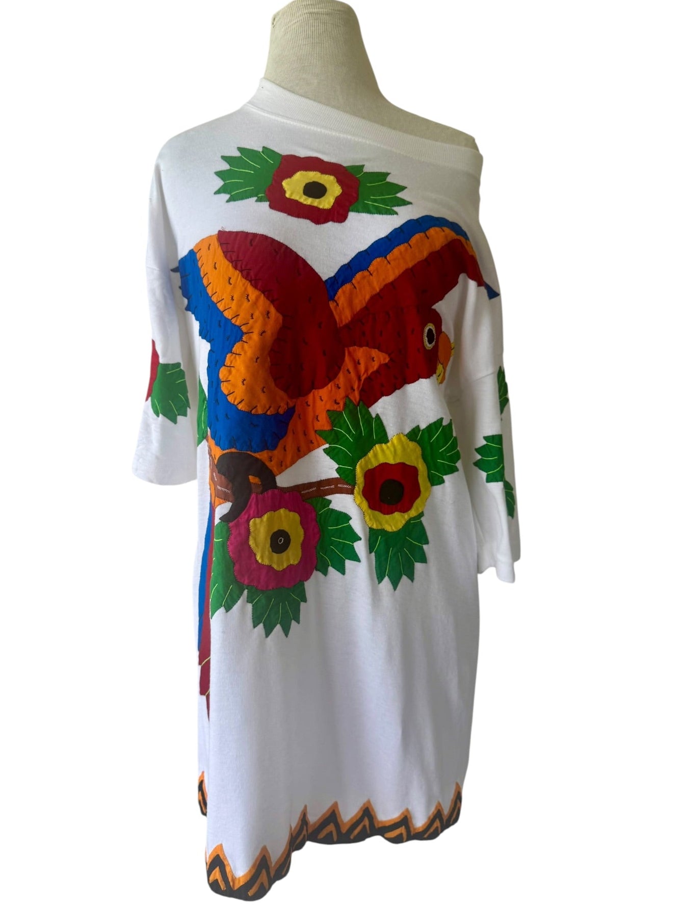 80s Canal Club Embroidered Mola Parrot Floral T-Shirt / Dress