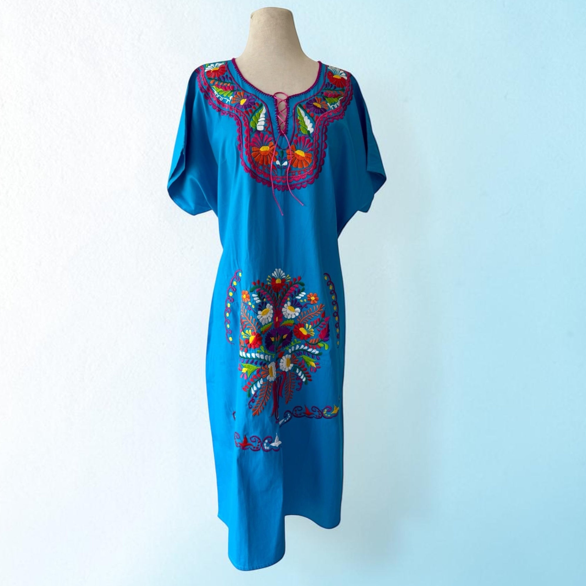 Mexican Oaxacan Hand Embroidered Floral Blue Cotton Dress
