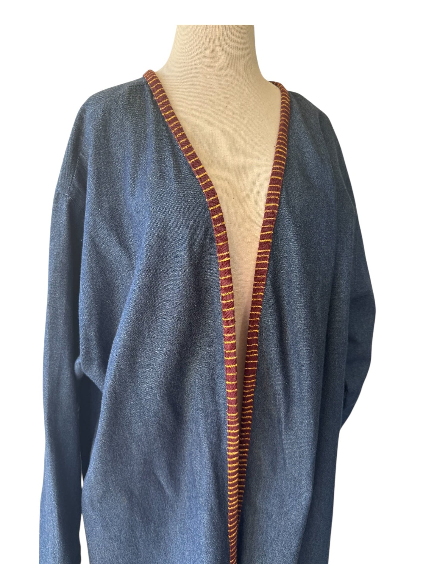 90s Molato Patchwork Denim Beaded Duster African Art Cowrie