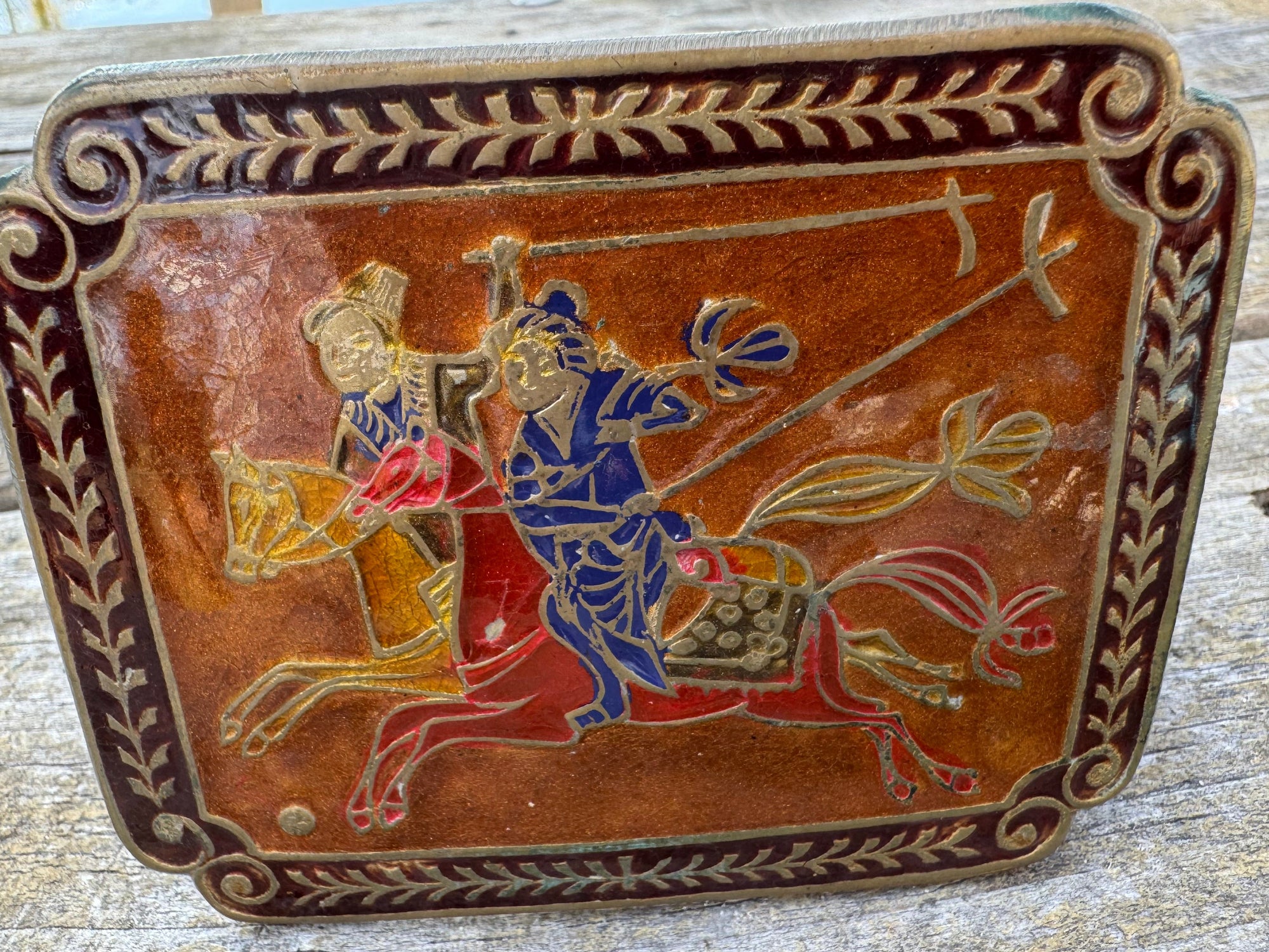 70s Golden Hands Samurai Warrior Suede Belt Enamel Buckle