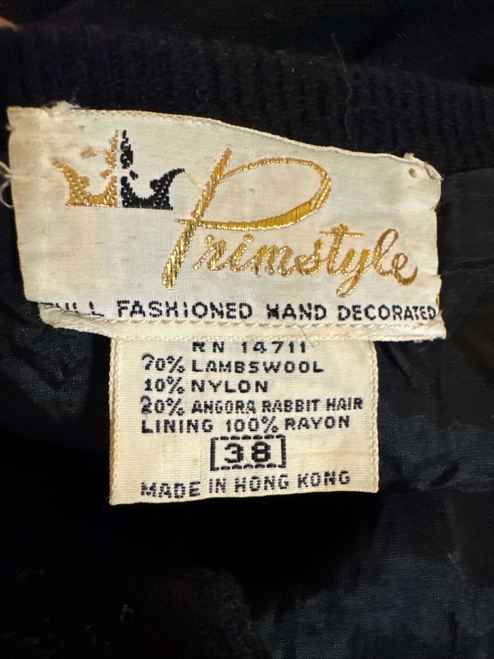 50s Primstyle Black Beaded Floral Angora Lambswool Cardigan Sweater