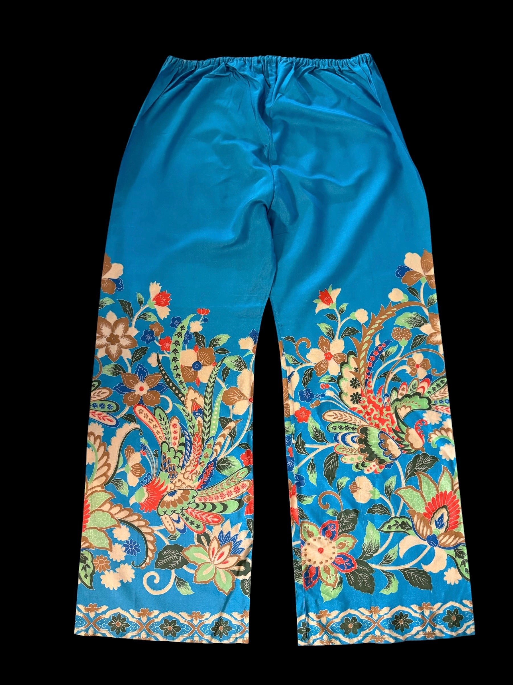 80s Teal Asian Floral Pongee Wide Leg Palazzo Ankle Pants Lounge