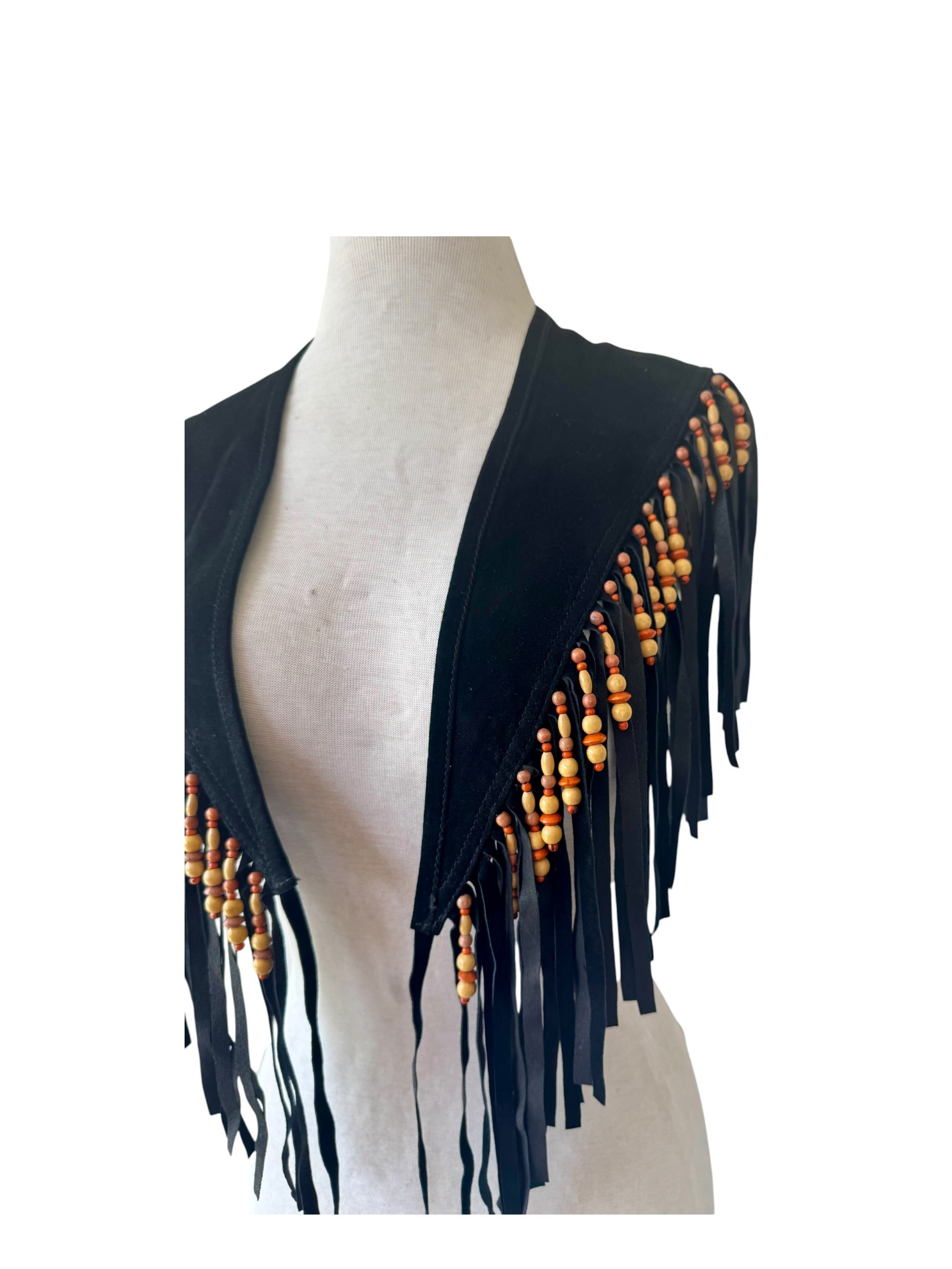 90s Braefair Black Suede Beaded Fringe Leather Capelet Collar OS Boho