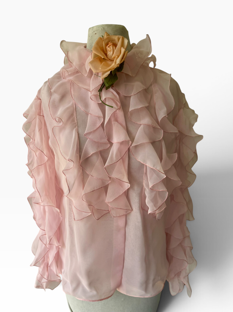 80s Gilberts For Tally Sheer Pink Ruffled Blouse Whimsical Chiffon