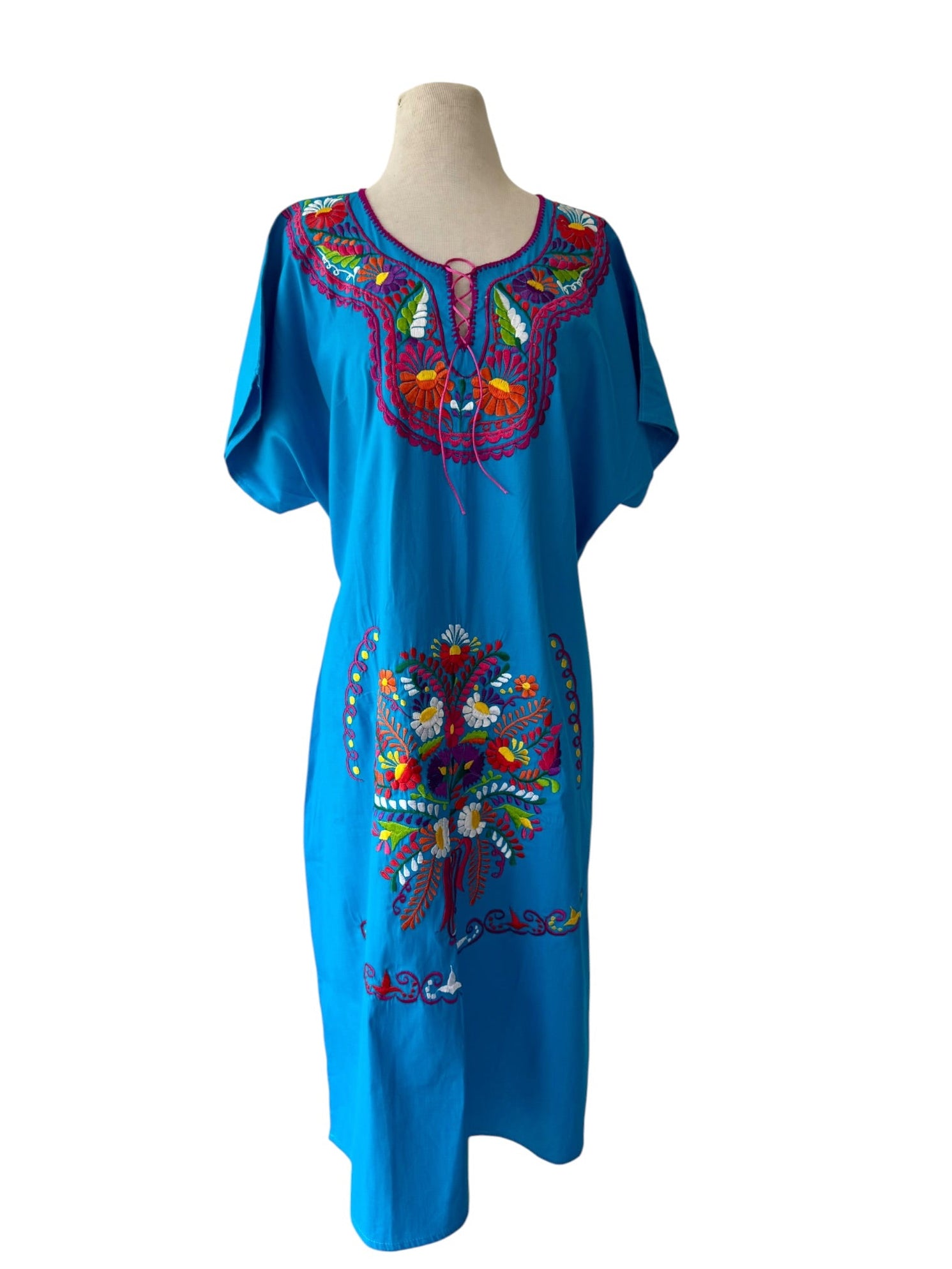 Mexican Oaxacan Hand Embroidered Floral Blue Cotton Dress