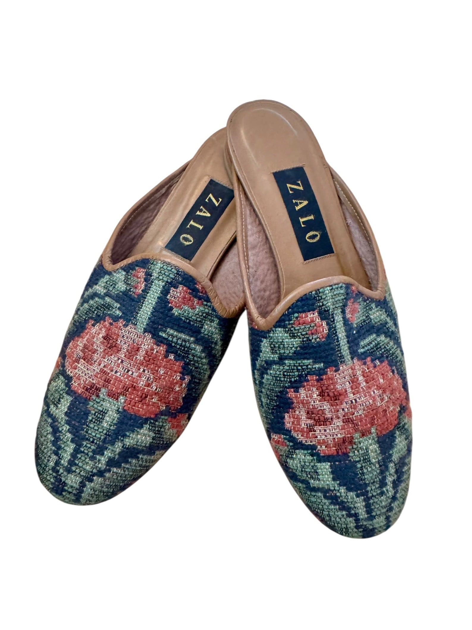 90s Zalo Needlepoint Tapestry Floral Mules Flats Sz 8 Cottage 80s