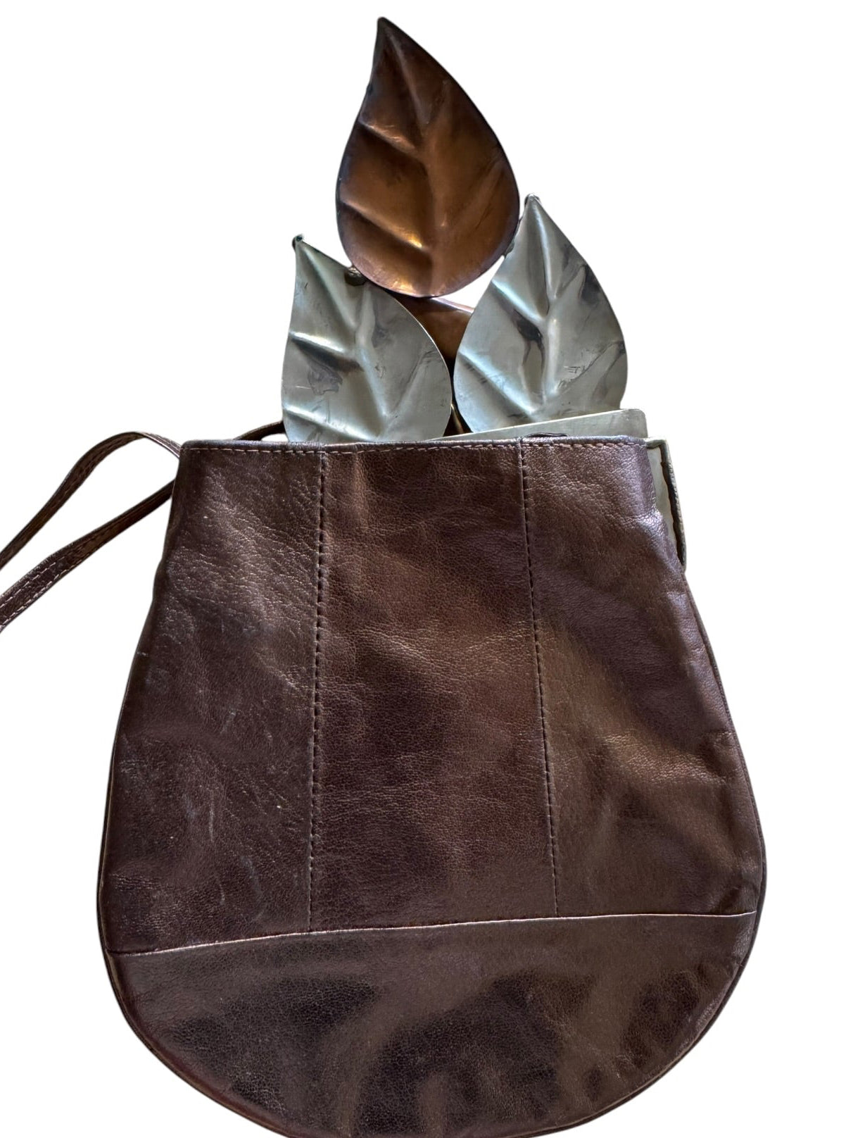 70s Brutalist Sculptural Brass Copper Pewter Gemstone Leather Crossbody Bag