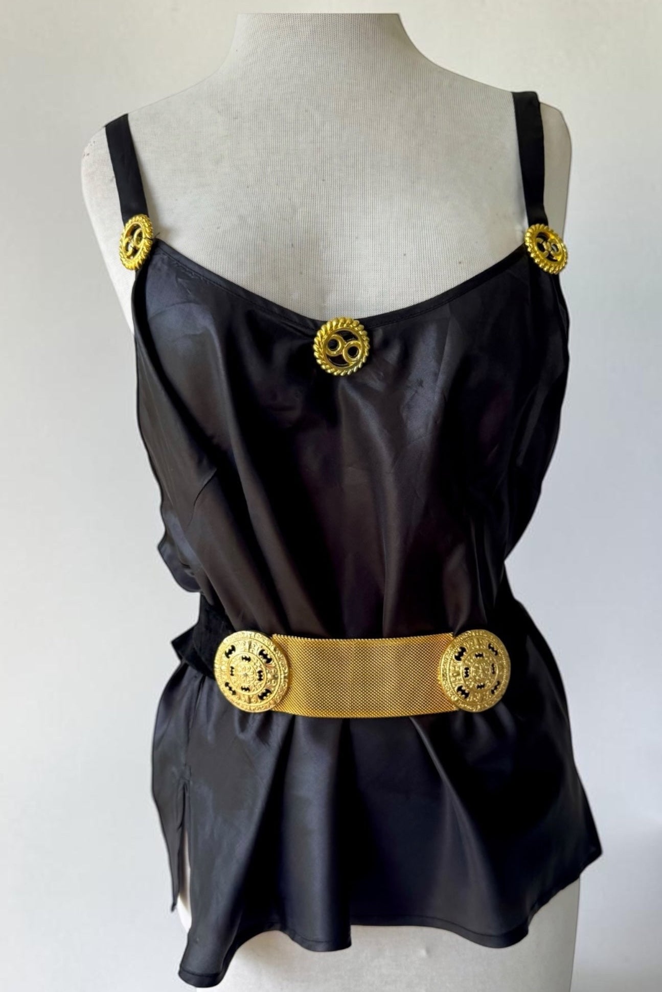 90s Black Satin Tank Gold Beaded Accents