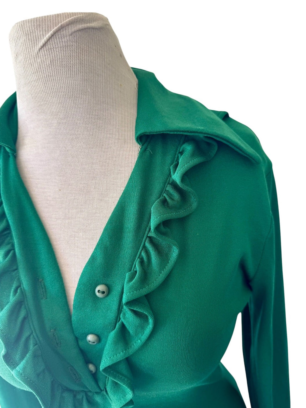 70s Enkalure Green Ruffle Bodysuit Sz M Dagger Collar