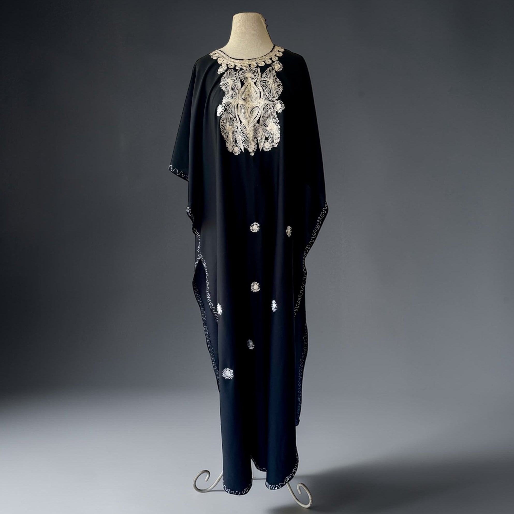 70s Black Embroidered Caftan Poncho OS Maxi Top Cover Up
