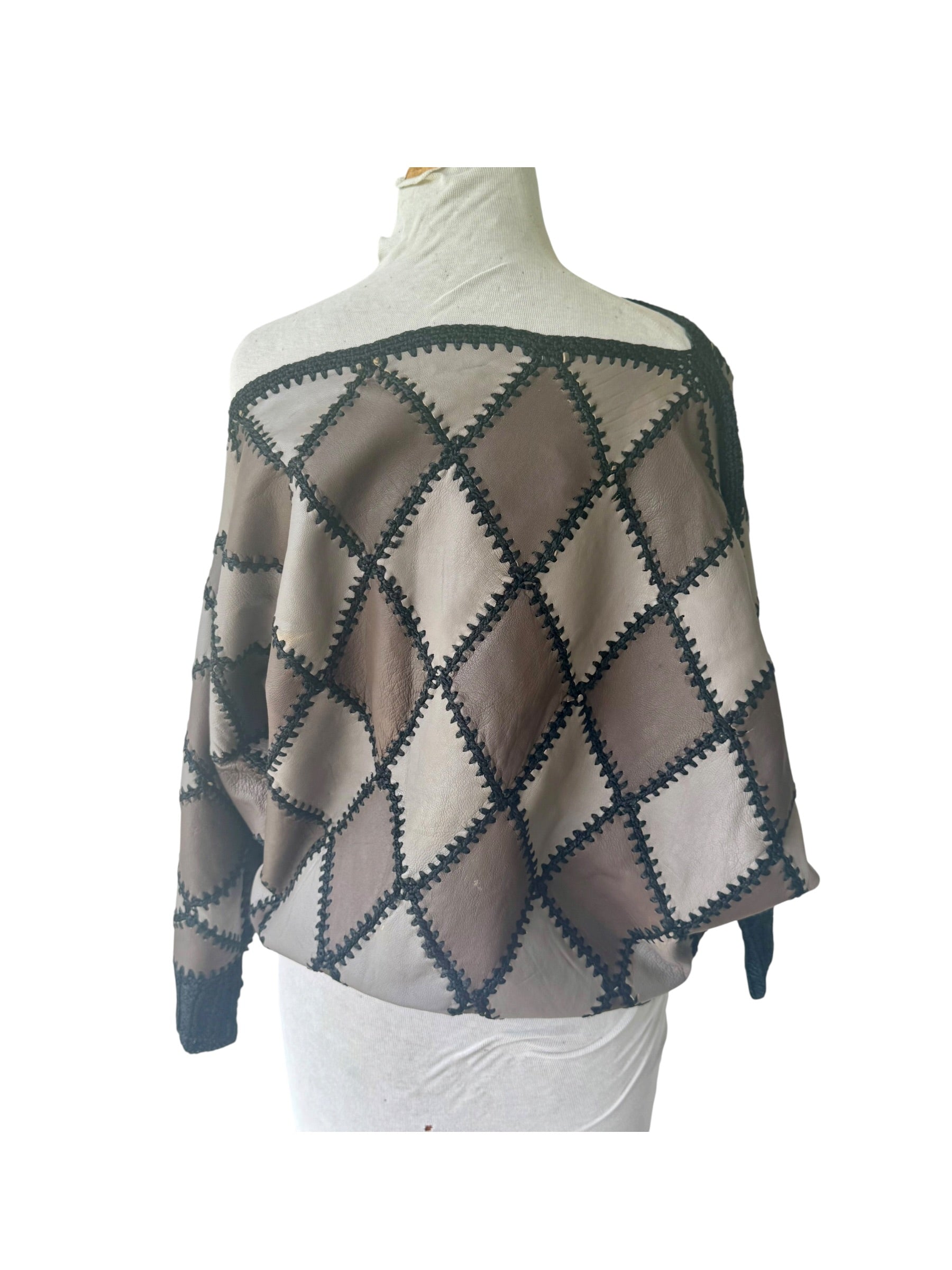 70s Patchwork Leather Crochet Harlequin Sweater Handmade 80s