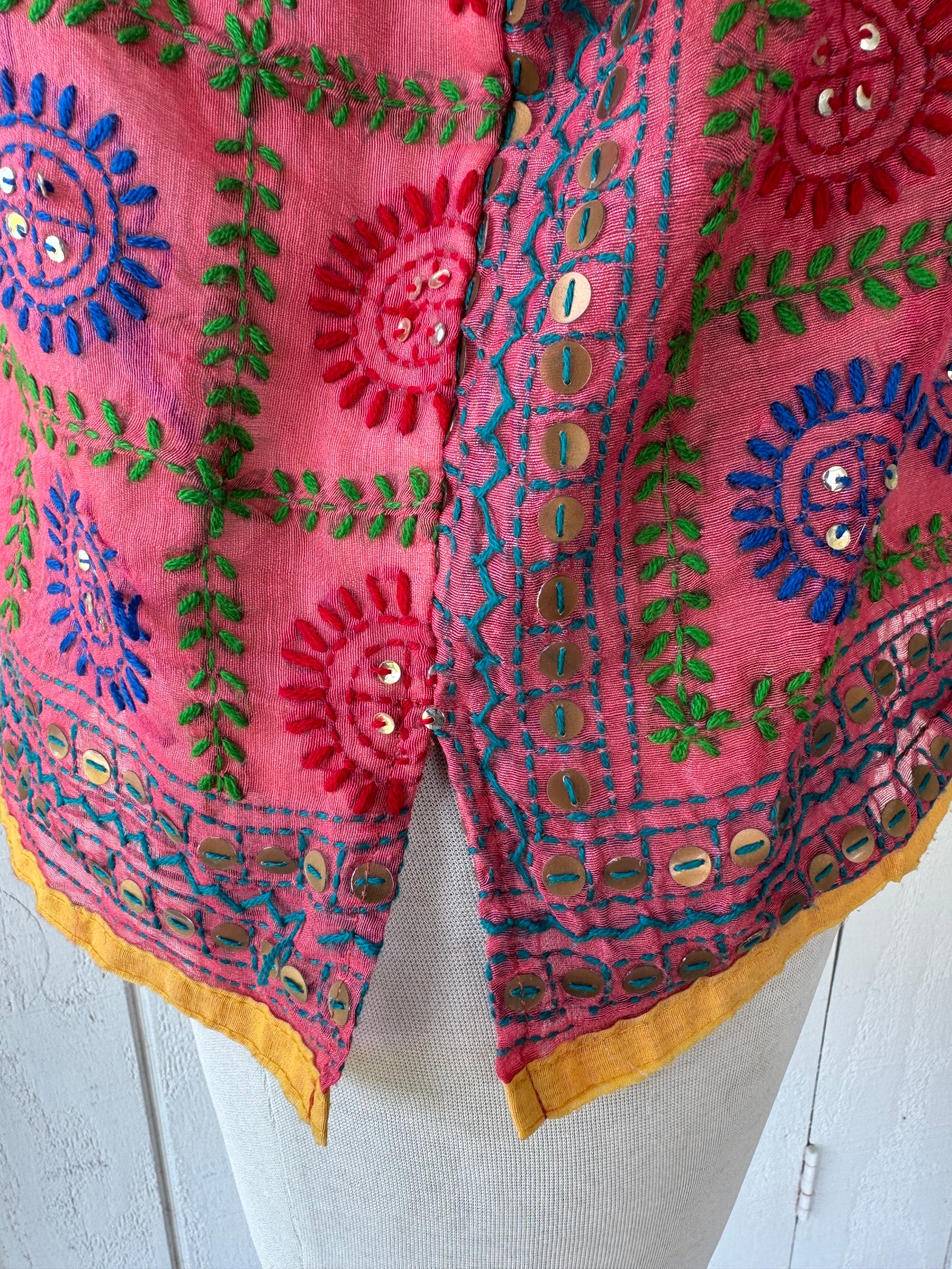 Kutch Embroidered Mirror Work Pink Multi Tunic Gujarat India Keyhole