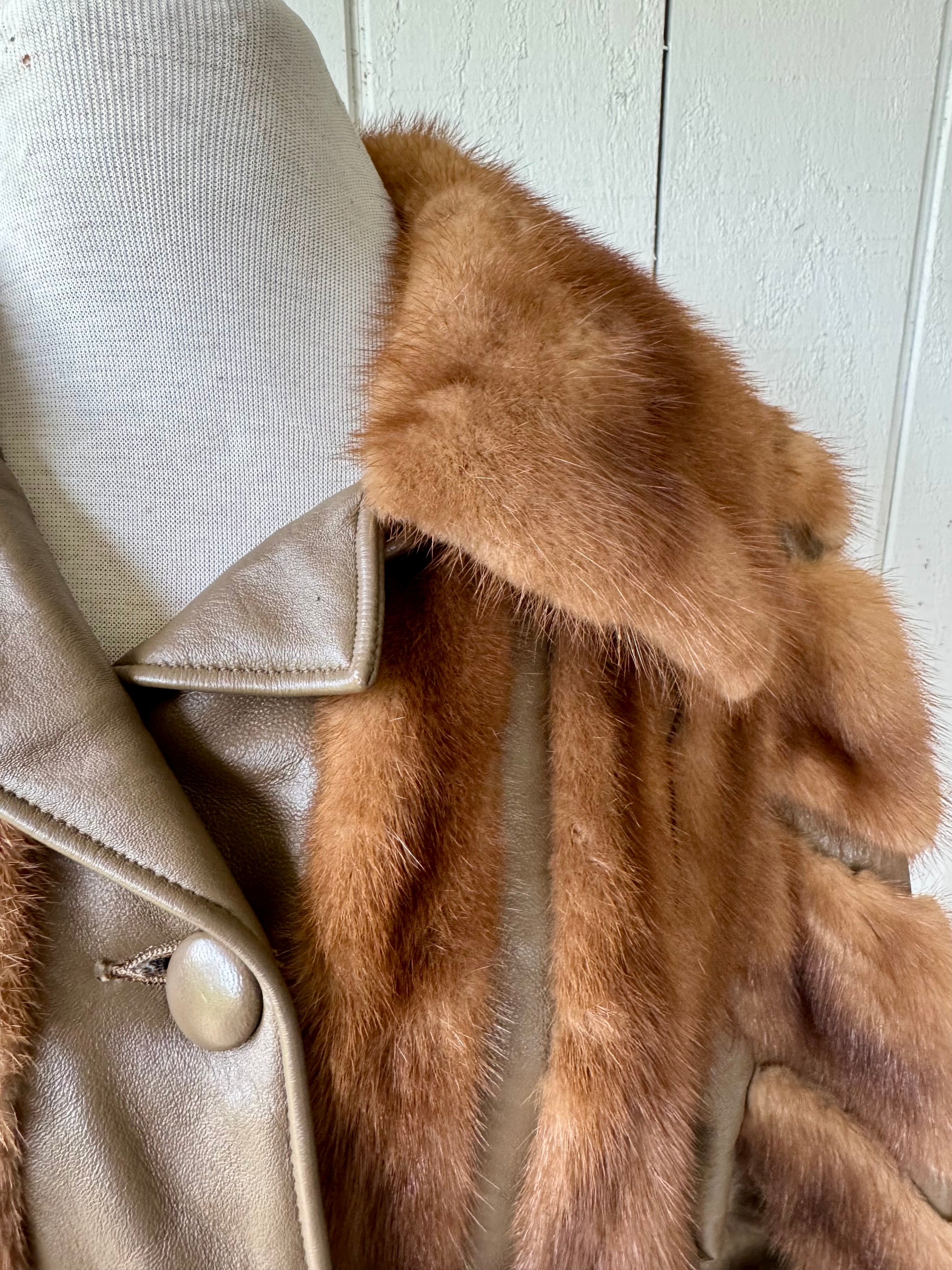 70s Mink Fur & Leather Chevron Patchwork Coat Brown Jacket