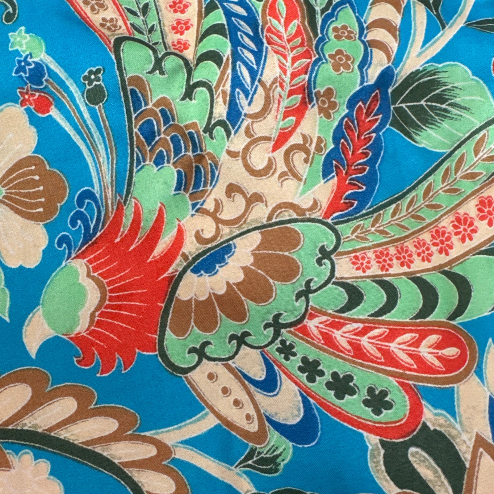80s Teal Asian Floral Pongee Wide Leg Palazzo Ankle Pants Lounge