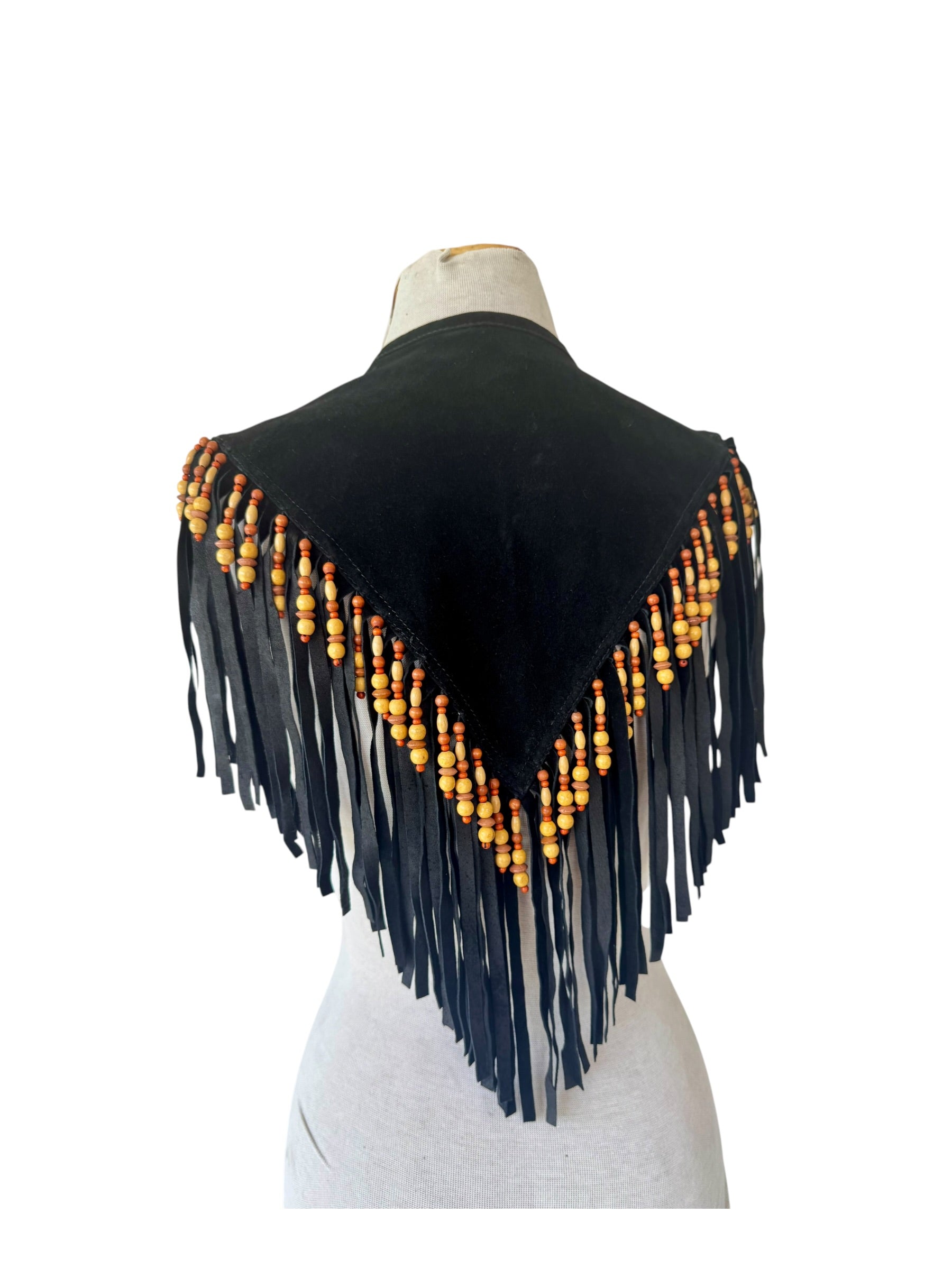 90s Braefair Black Suede Beaded Fringe Leather Capelet Collar OS Boho