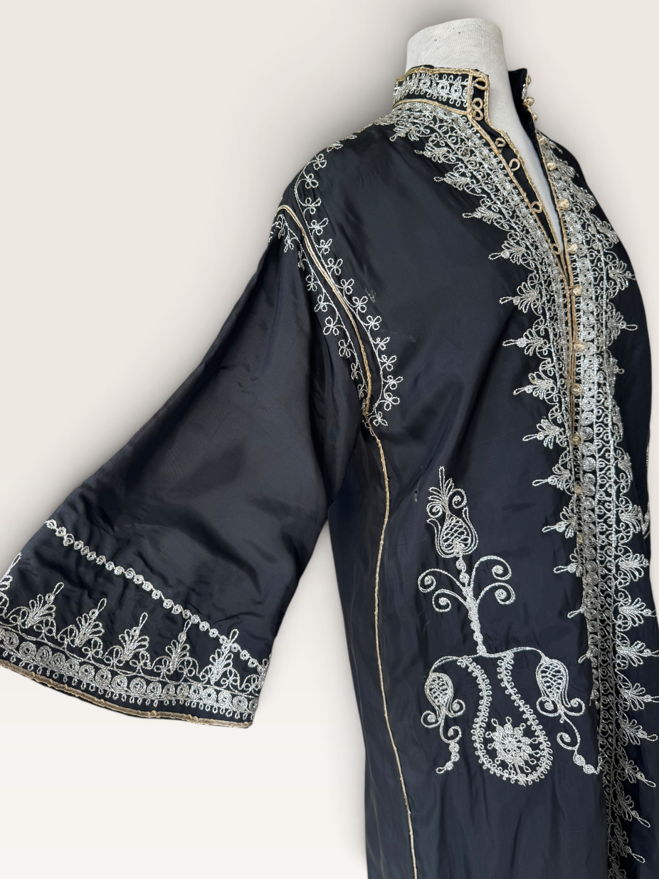 70s Moroccan Black Kaftan Silver Embroidery Dress Bell Sleeve Archival Robe