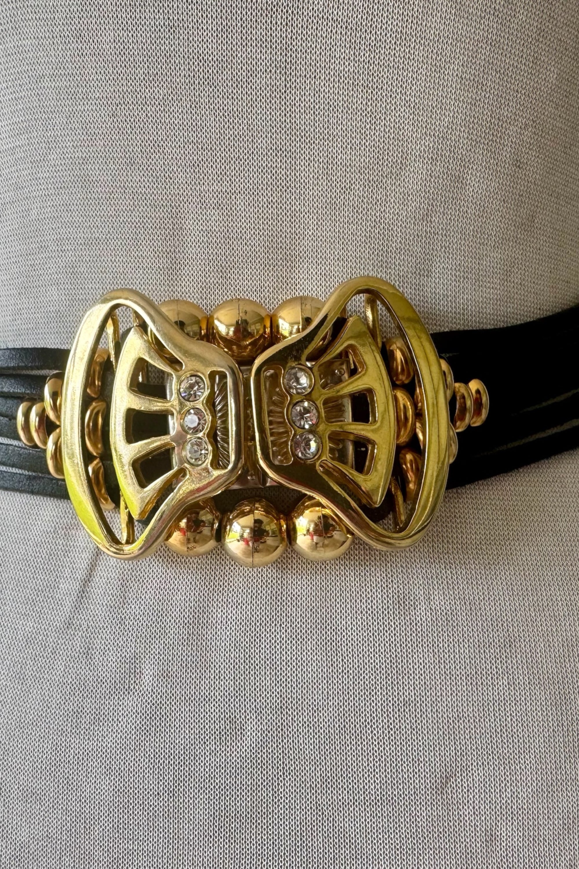 80s Gutos Leather & Metal Statement Belt OS W.Germany Beaded Rhinestones