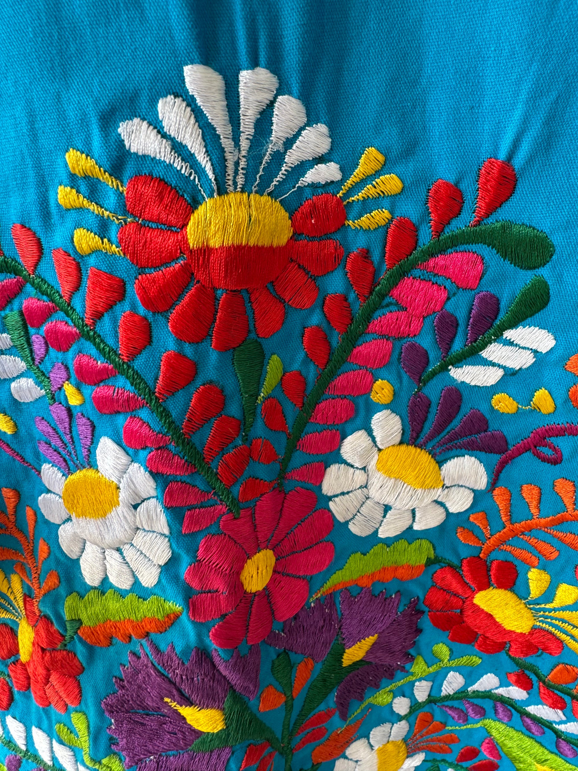 Mexican Oaxacan Hand Embroidered Floral Blue Cotton Dress