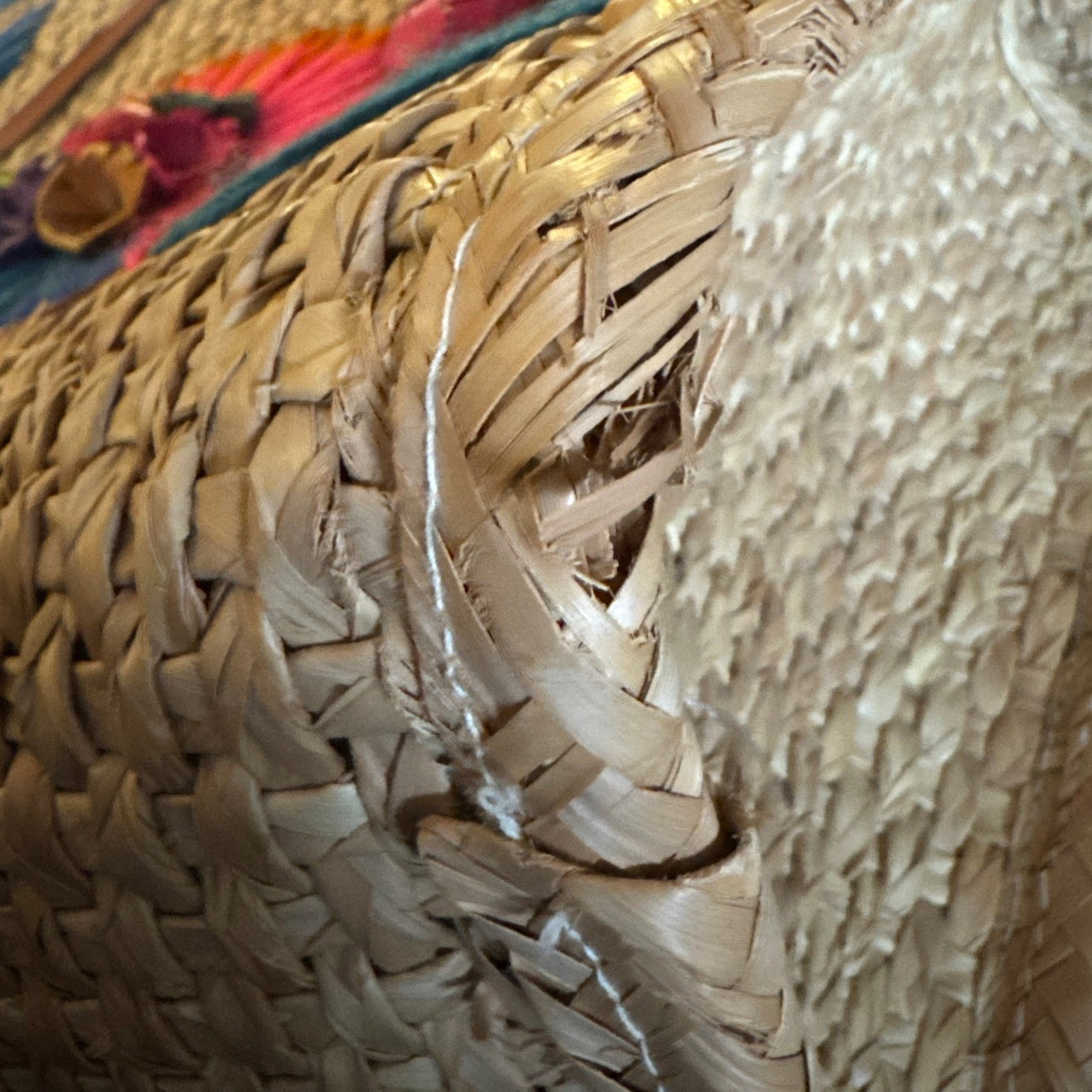 70s Mexico Floral Hand Woven Straw Basket Beach Bag Travel Tote