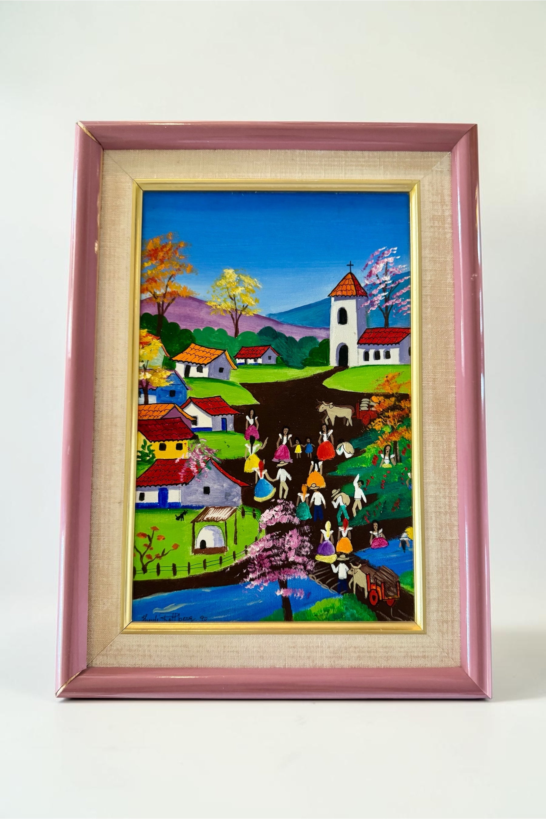 90s Peruvian Folk Art Oil Painting Family 14x10” Framed Outsider Art