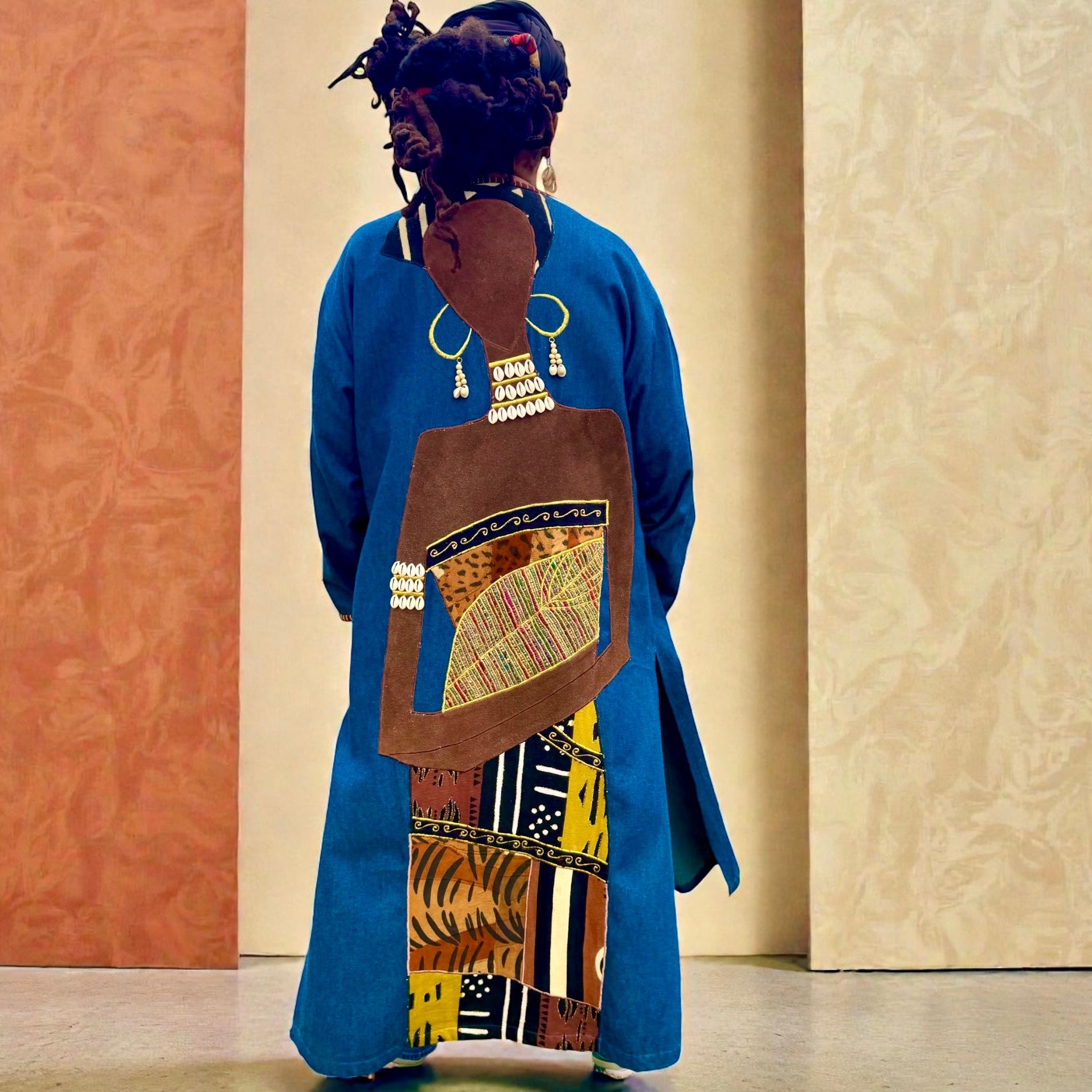 90s Molato Patchwork Denim Beaded Duster African Art Cowrie