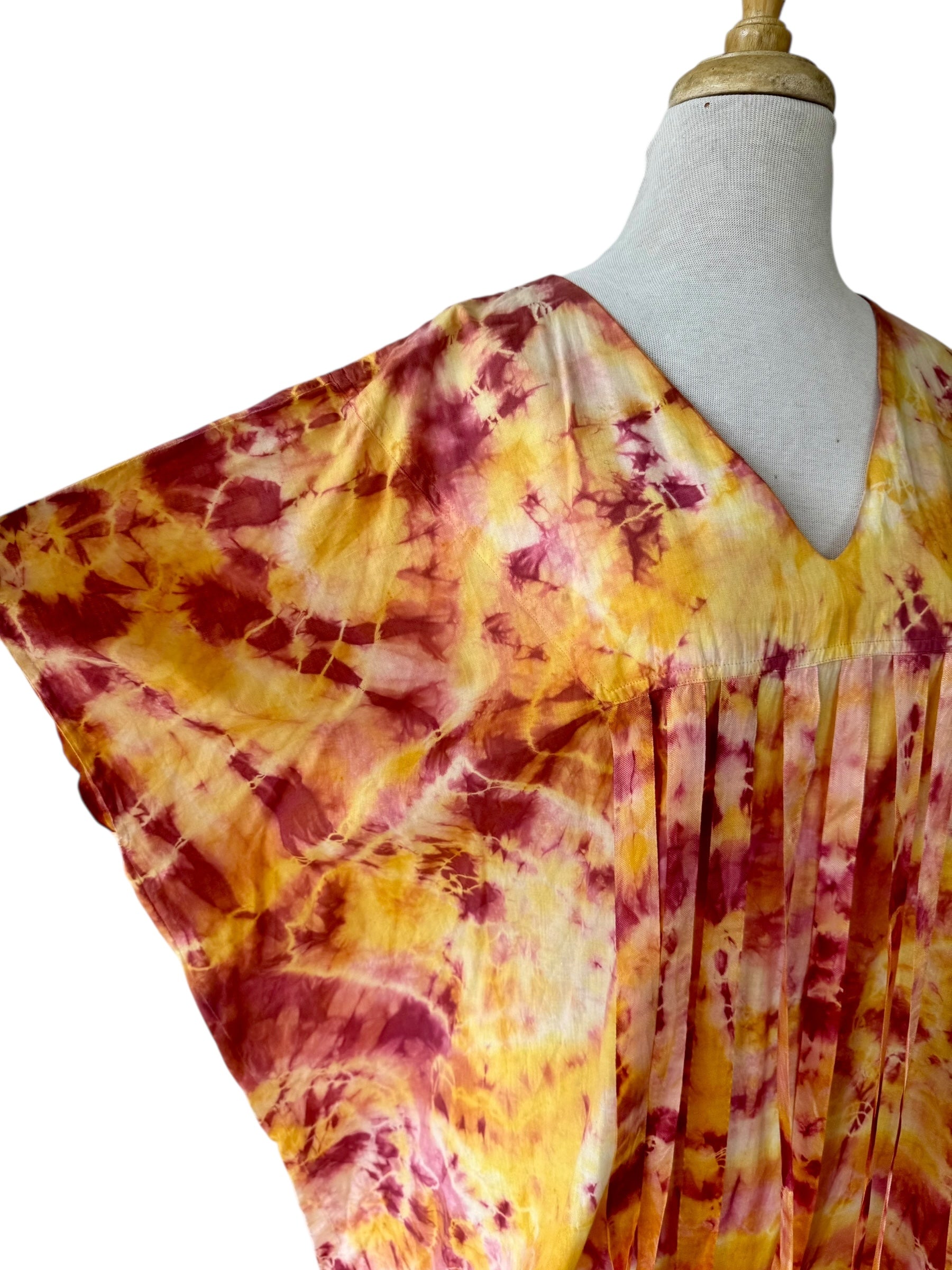 80s Paco Silva Batik Fringe Caftan Dress Tie Dye