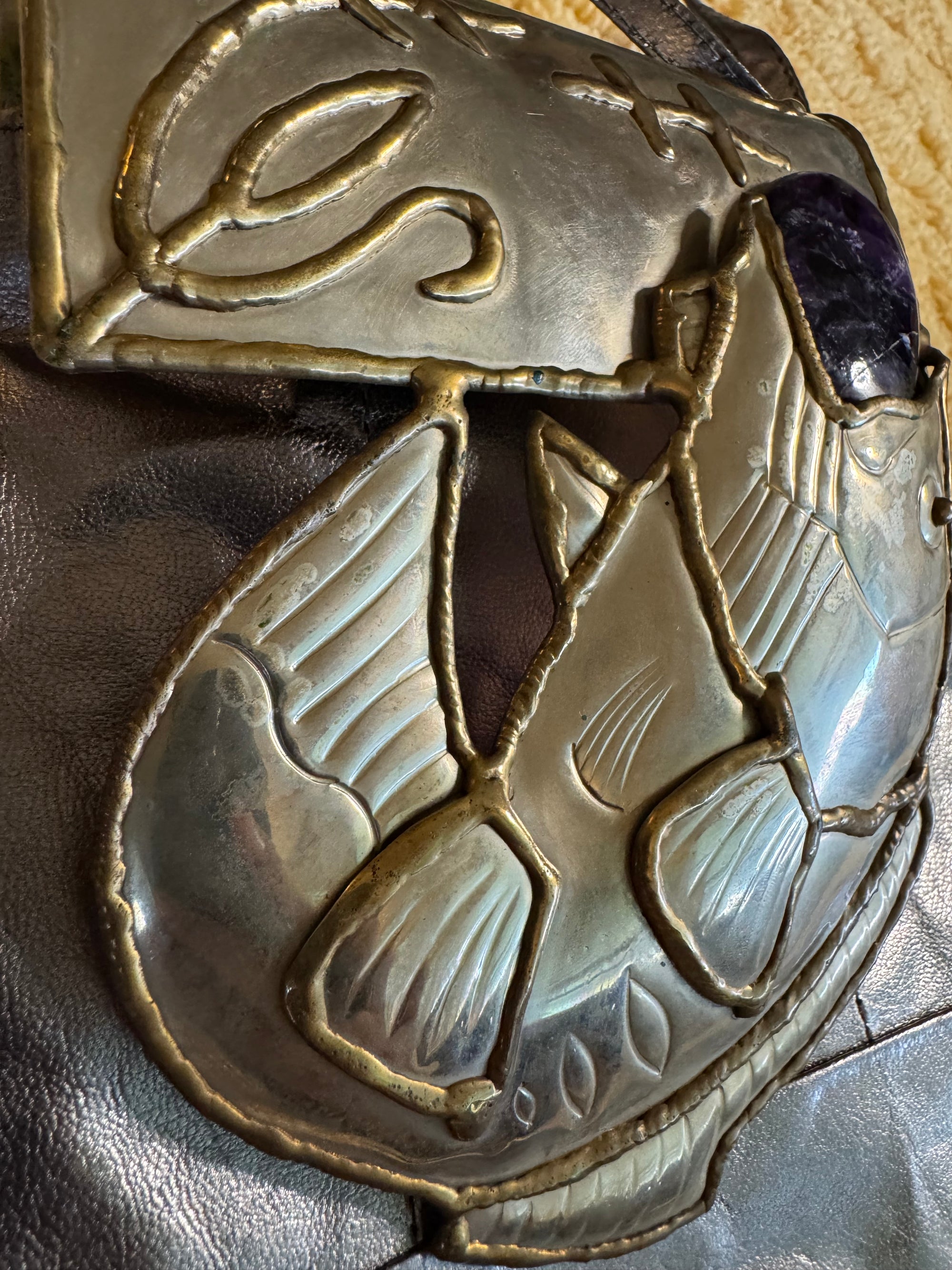 70s Brutalist Sculptural Brass Fish Pewter Gemstone Leather Crossbody Bag