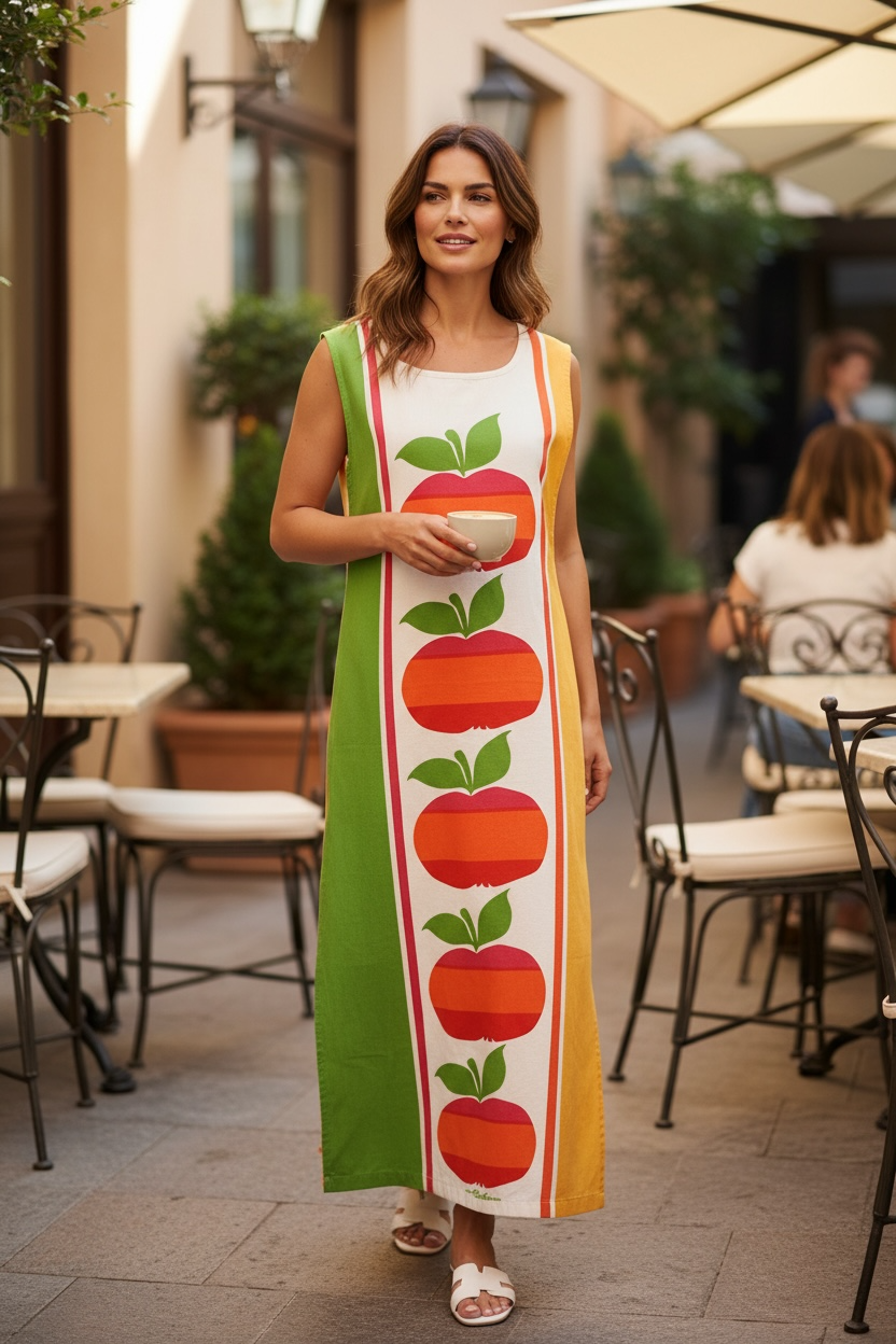 60s Bob Van Allen Scuda Apple Print Maxi Apron Dress