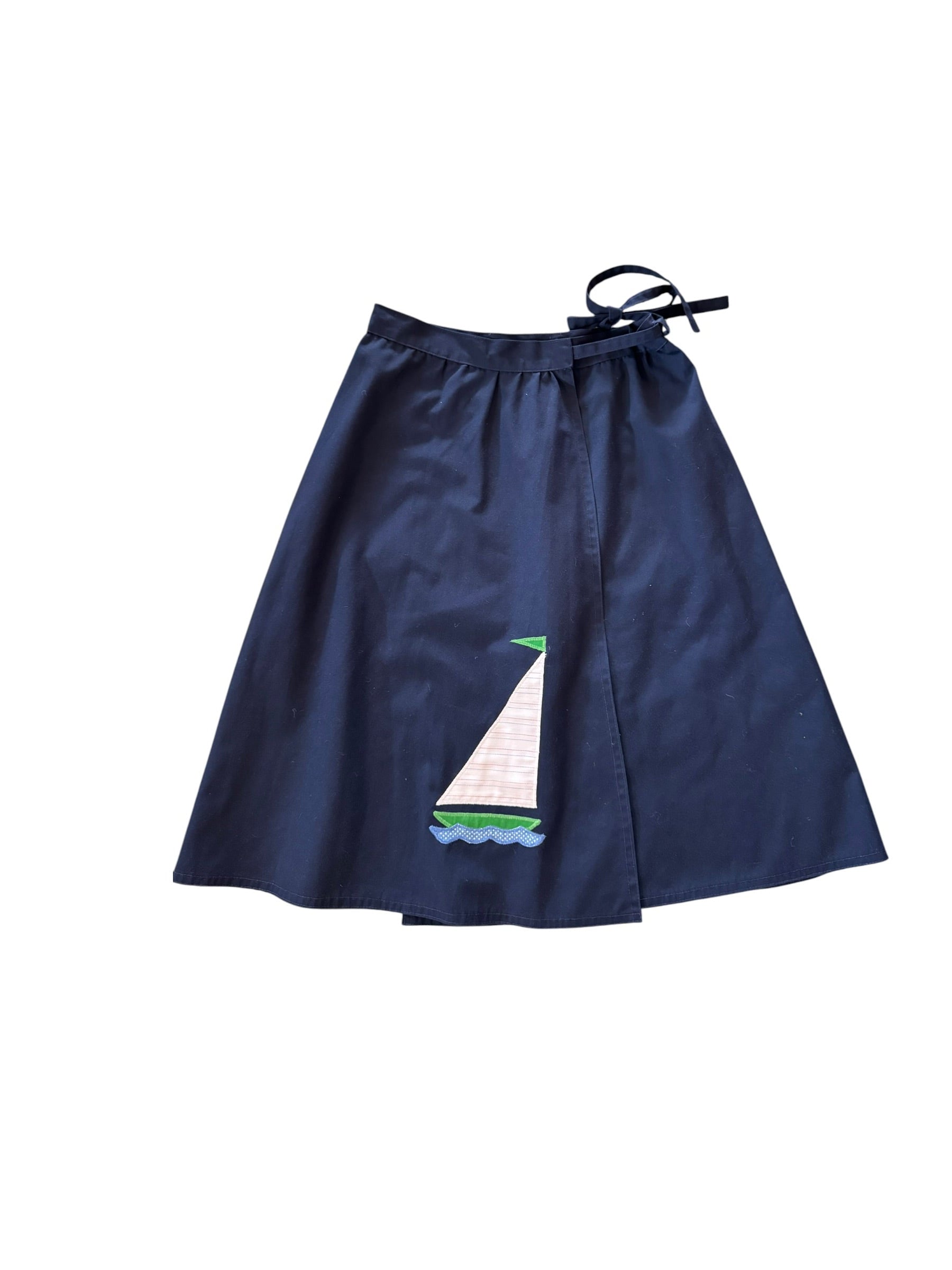 70’s Sailboat Appliqué Navy Wrap Midi Skirt