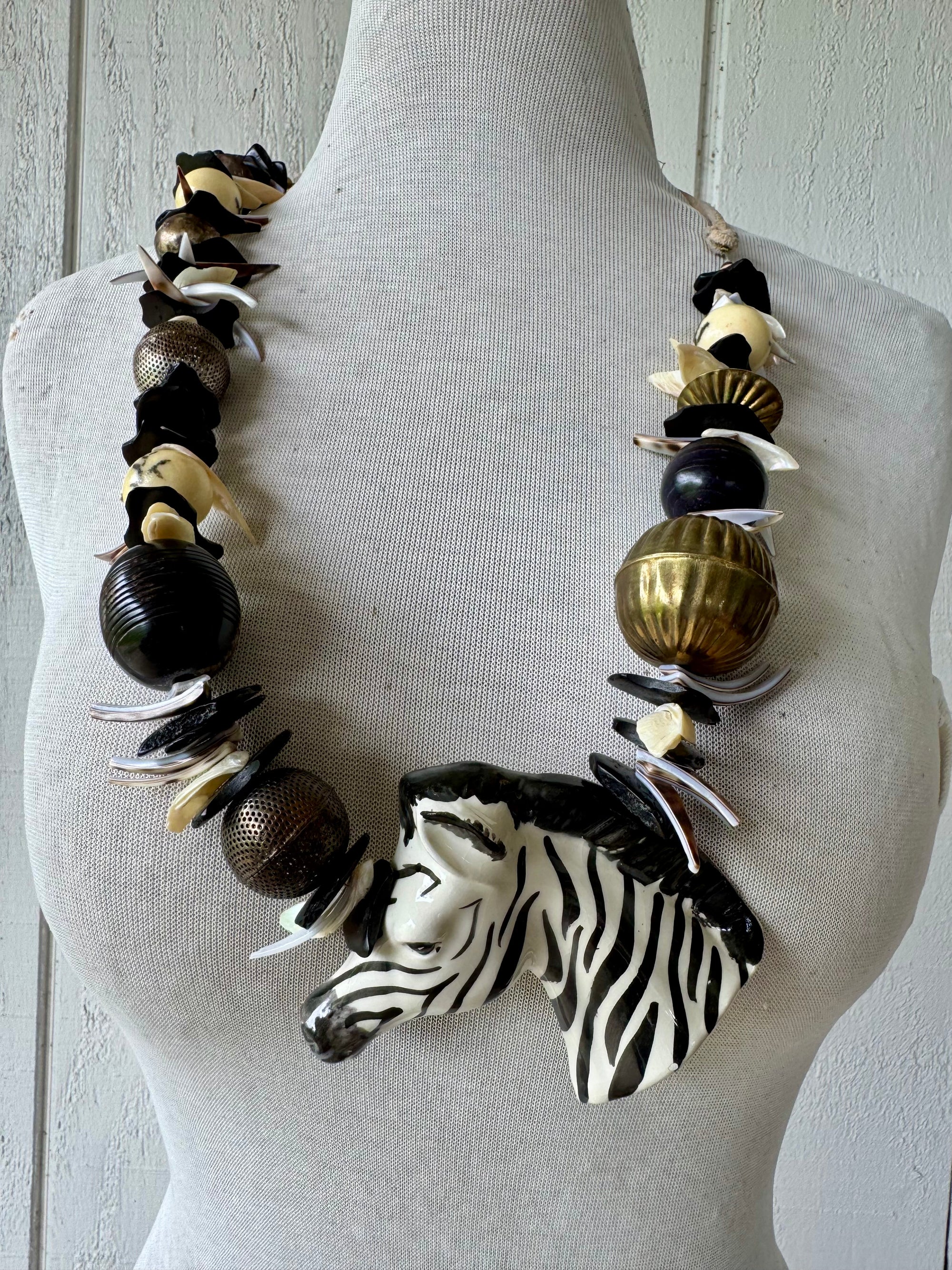 80s Ceramic Zebra Beaded Statement Belt Or Necklace
