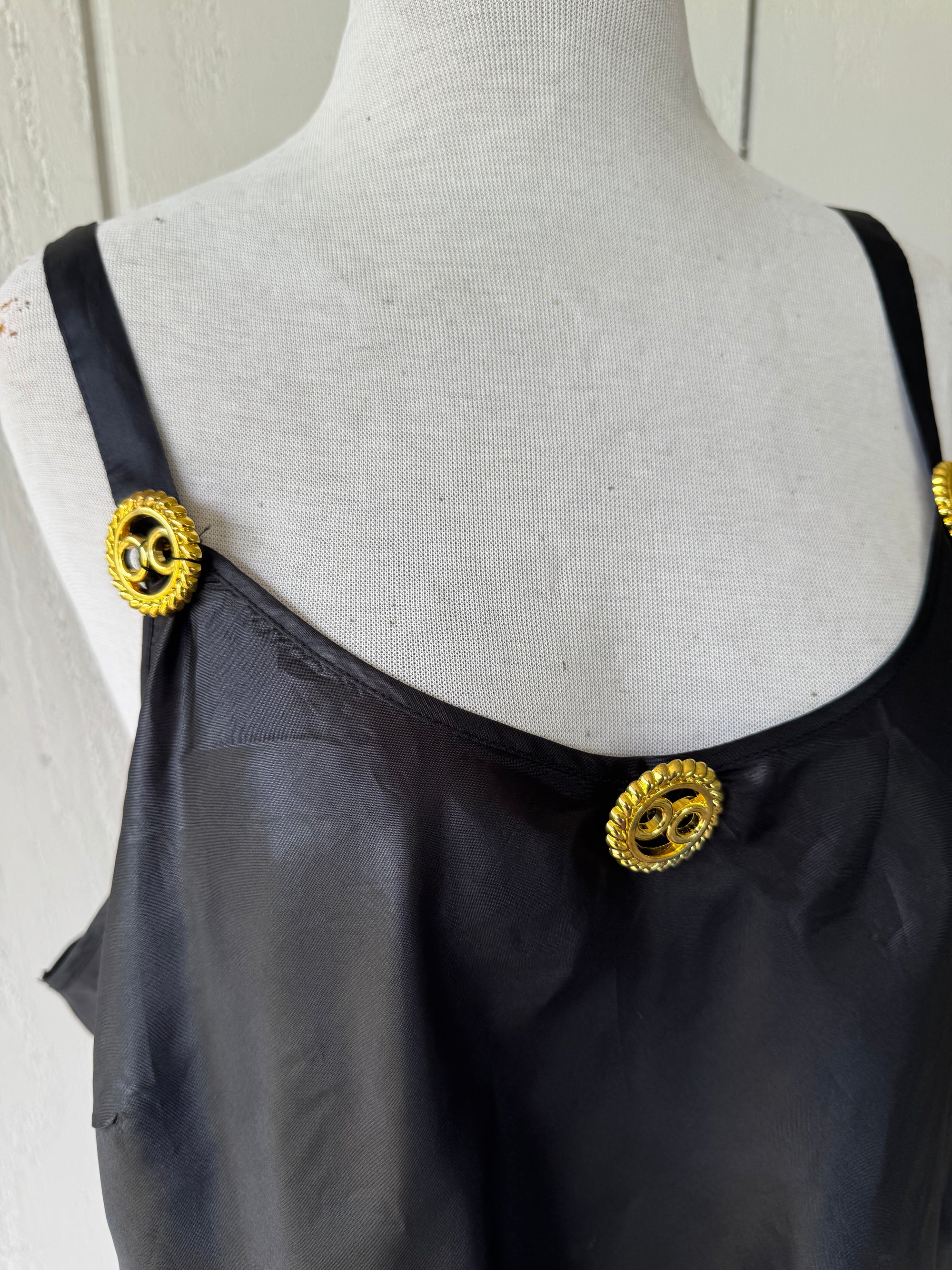 90s Black Satin Tank Gold Beaded Accents
