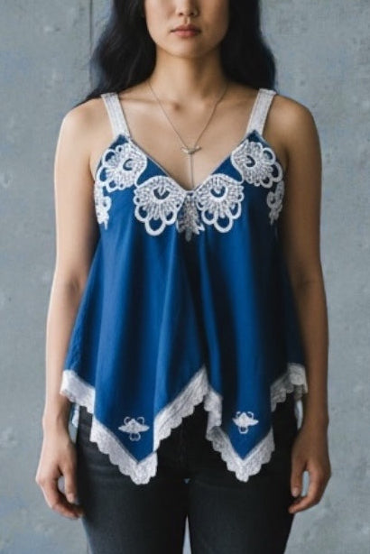 70s Blue Embroidered Floral Beaded Crochet Tank