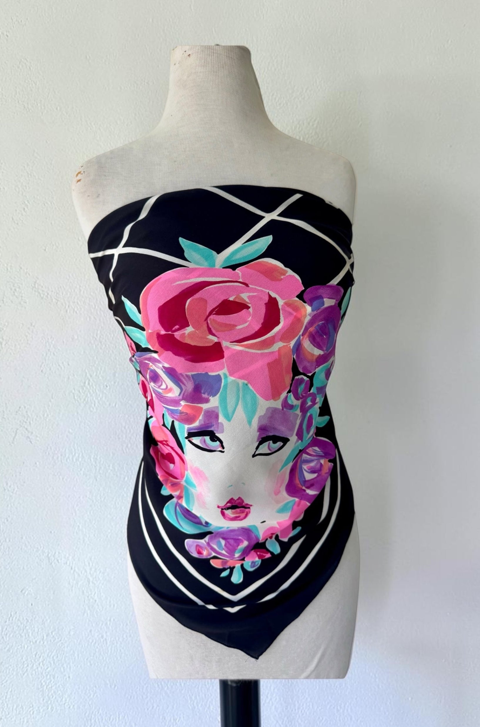 90s Bob Mackie Silk Scarf Colorful Goddess Face Floral 32x35