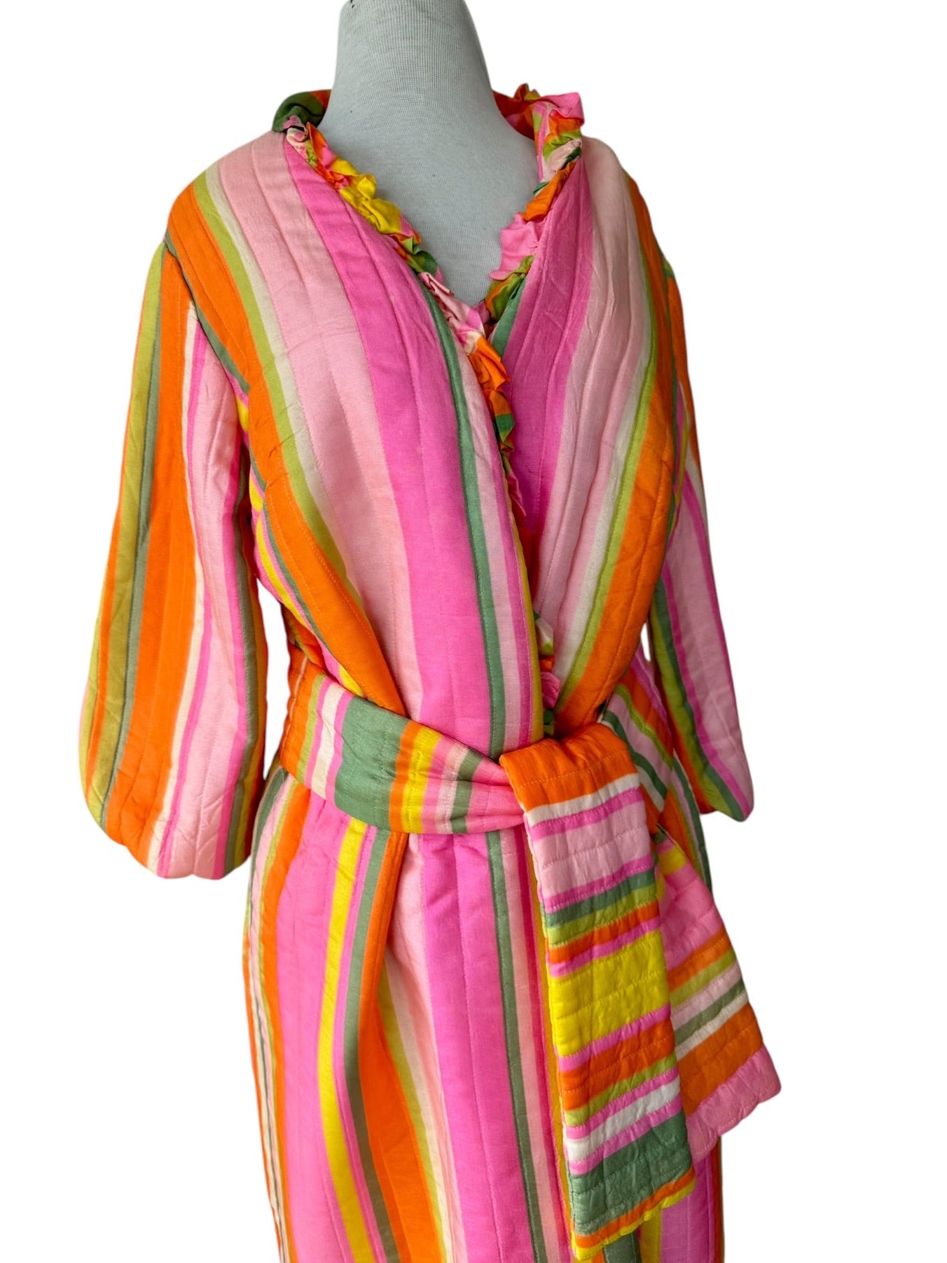 60s Jettecette Pink Stripe Quilted Robe Duster 70s