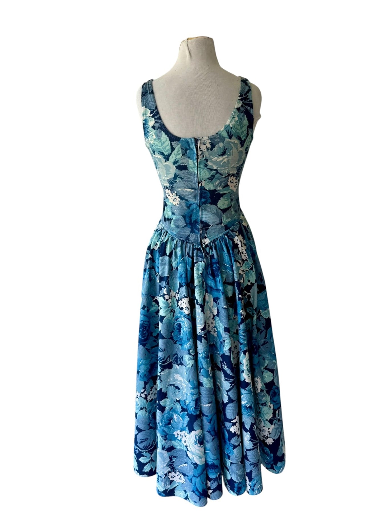 90s Basic Editions Blue Floral Knit Yoke Waist Midi Dress