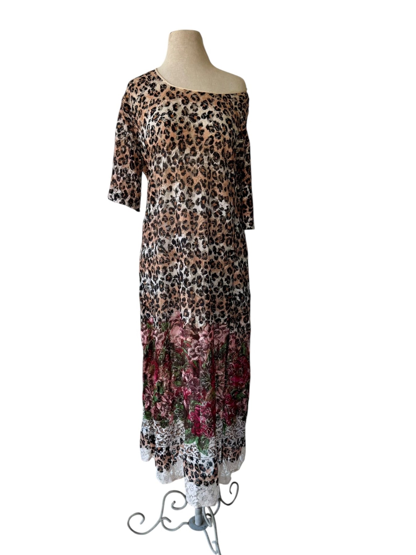 90s LOLA P Leopard Floral Lace Sheer Maxi Dress Y2k