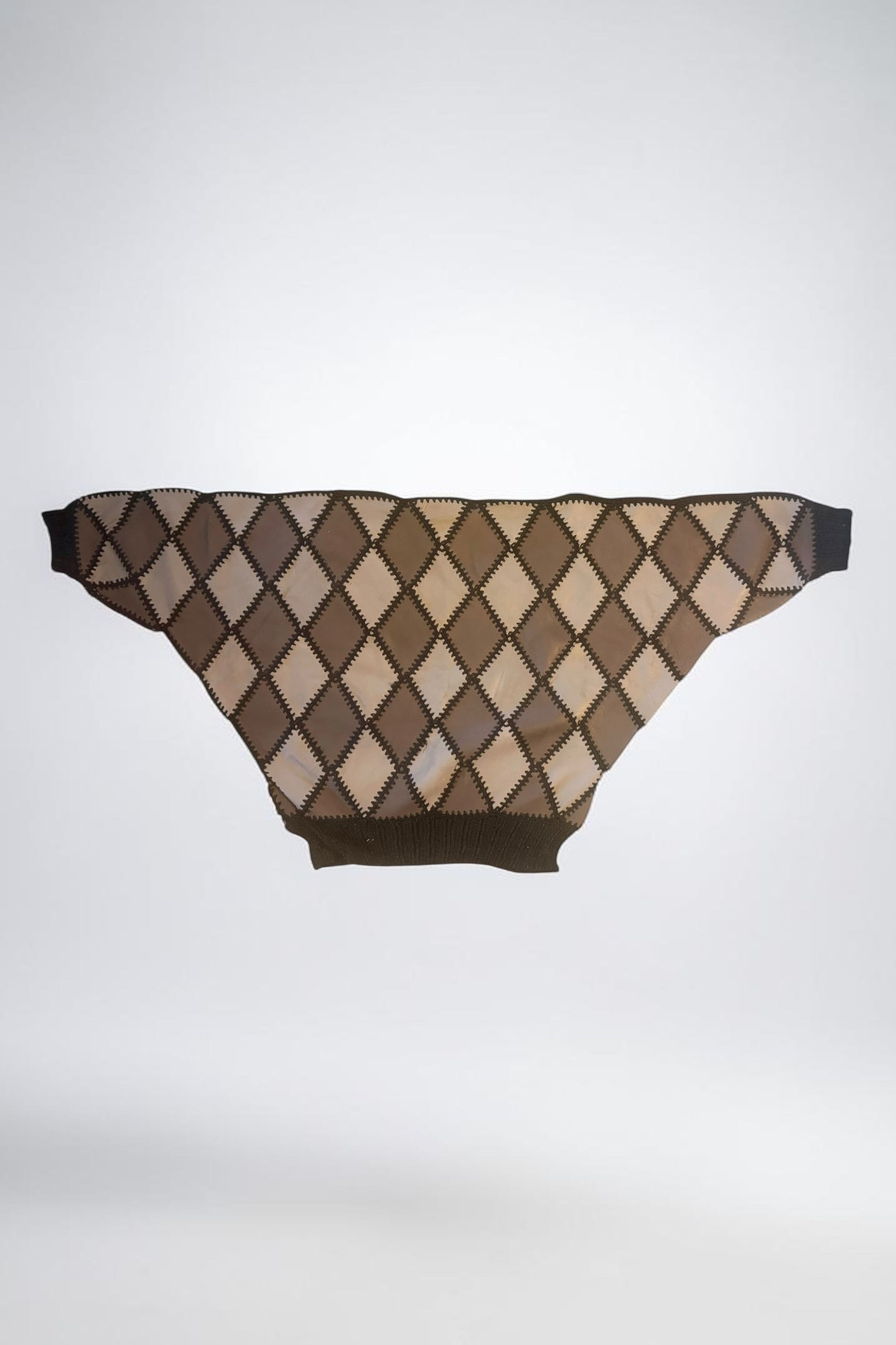 70s Patchwork Leather Crochet Harlequin Sweater Handmade 80s