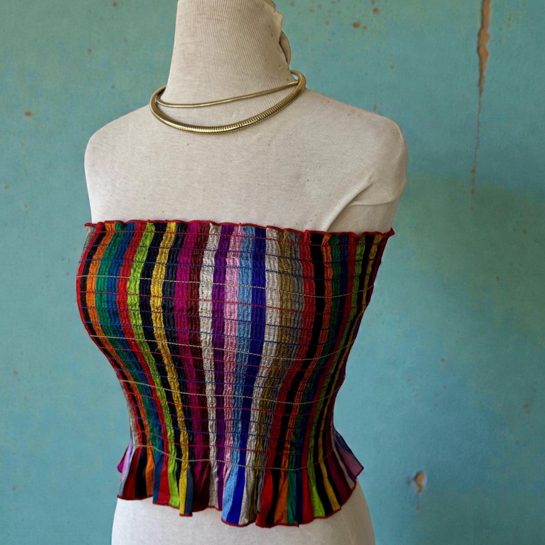 70s Ray Strauss Raw Silk Rainbow Stripe Tube Top