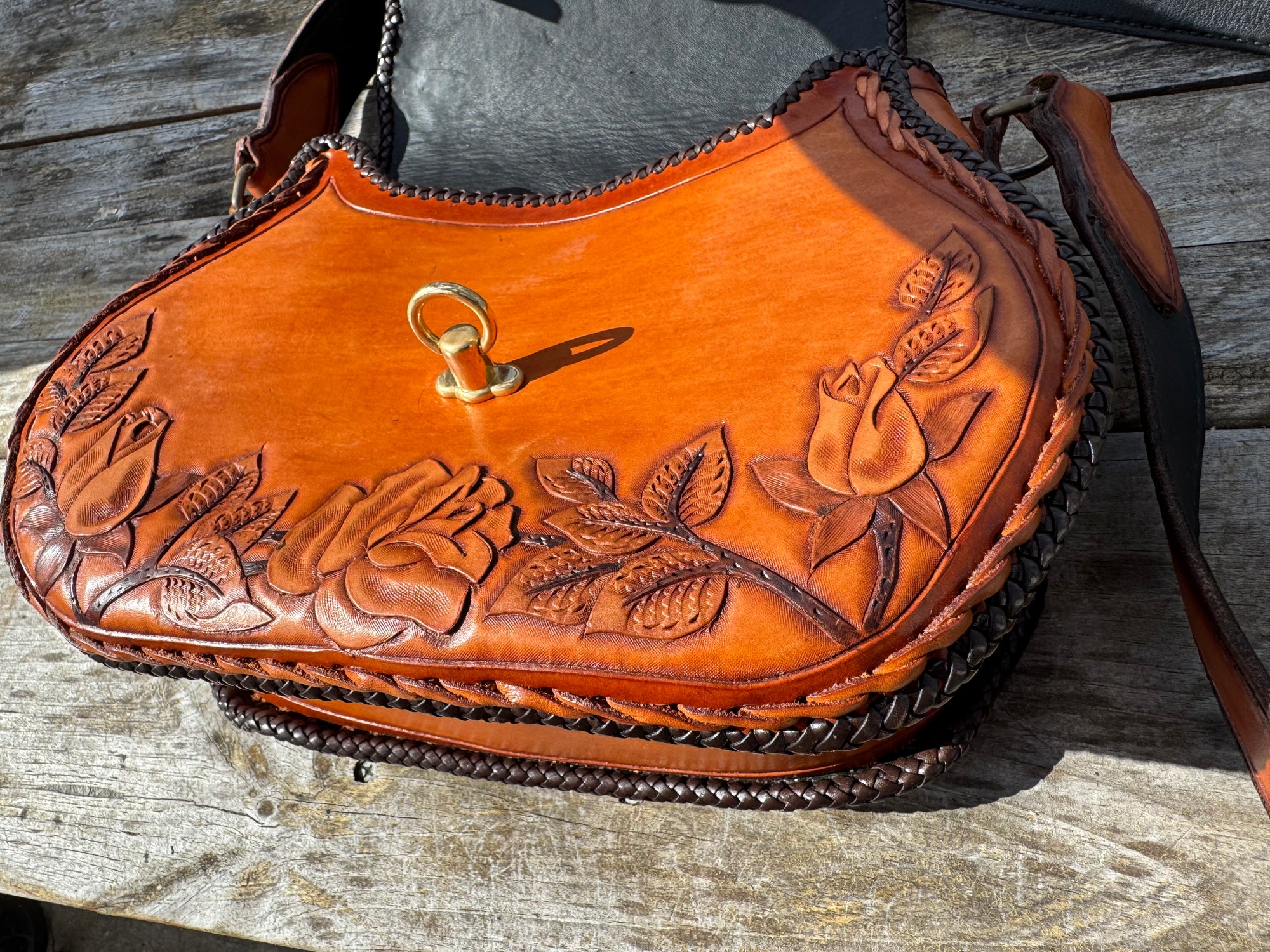 70s Hand Tooled Leather Bag Floral Satchel