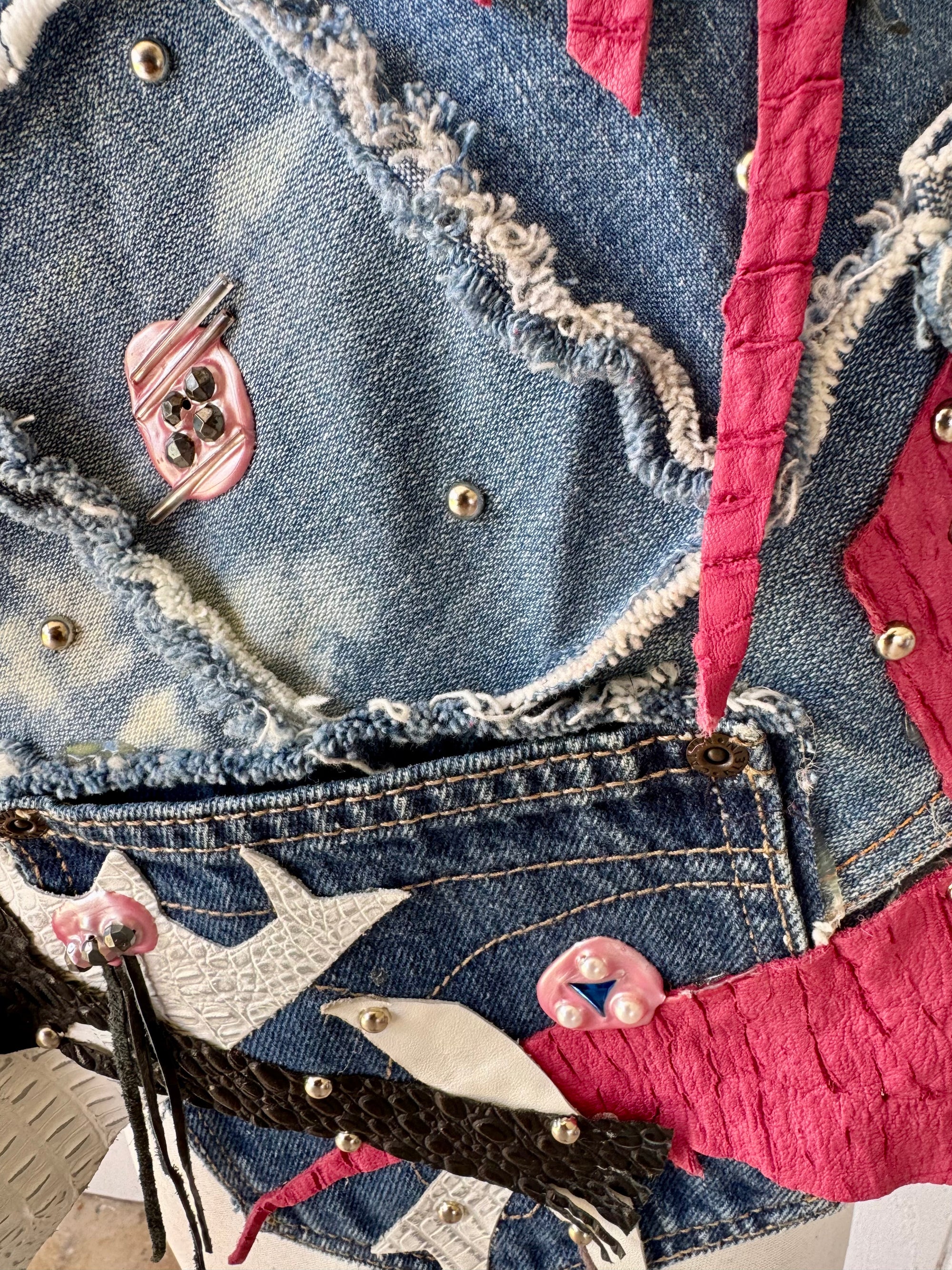 90s Patchwork Denim Poncho Handmade Studs Leather Art Wear