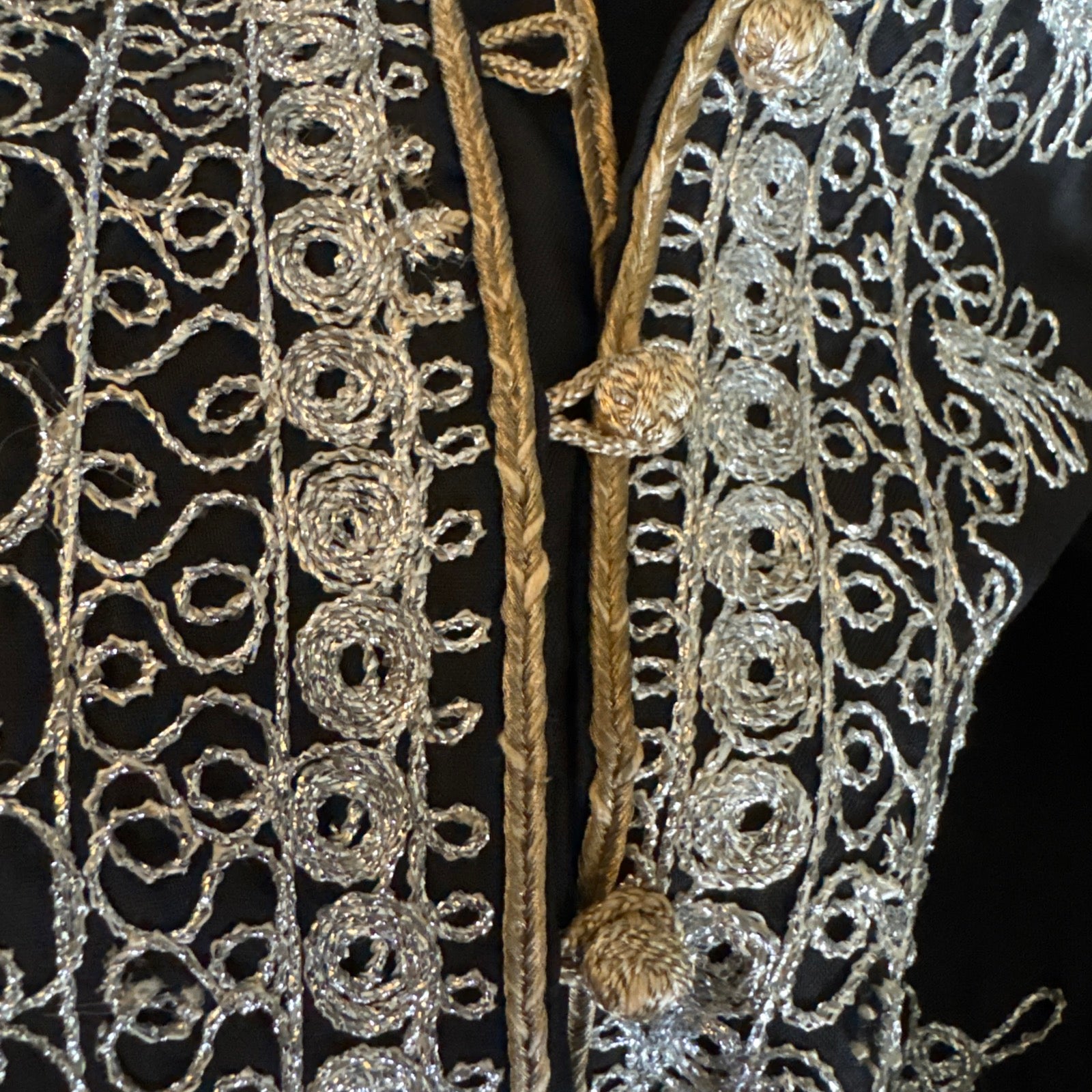 70s Moroccan Black Kaftan Silver Embroidery Dress Bell Sleeve Archival Robe