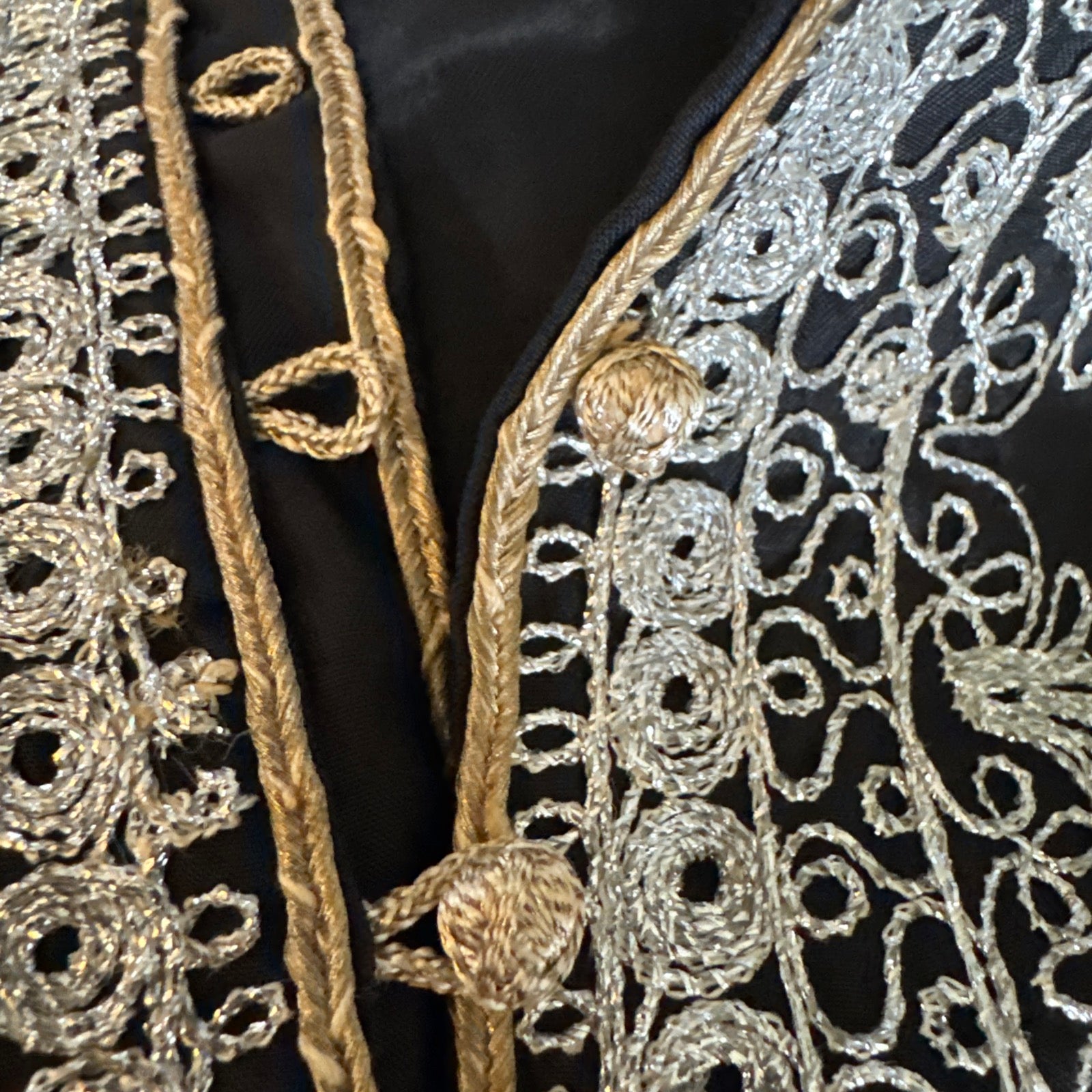 70s Moroccan Black Kaftan Silver Embroidery Dress Bell Sleeve Archival Robe